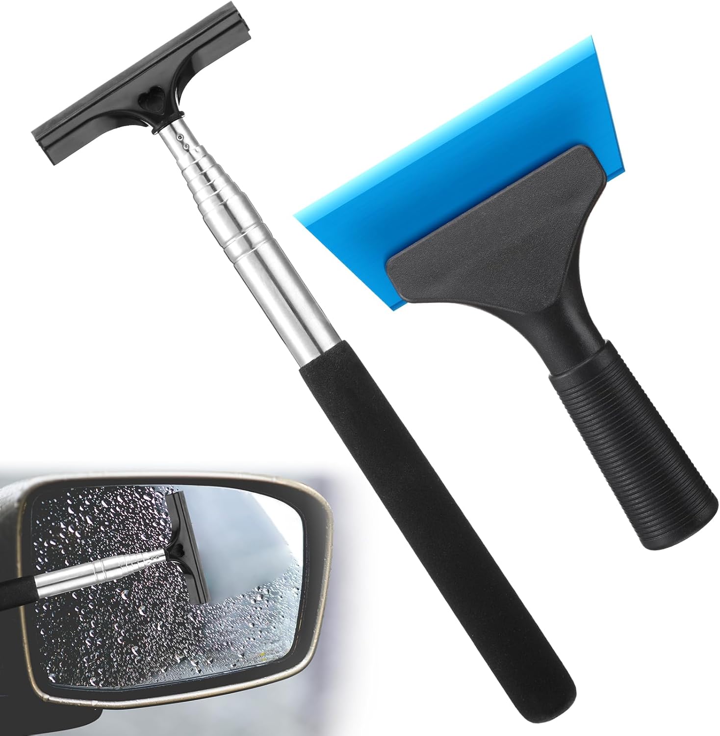 2 Pcs Side Mirror Squeegee Small 39 Inch Retractable Handle Car Squeegee with 5 Inch Car Window Mini Rearview Mirror Wiper for Glass Door Rainy Foggy Accessories - Image 1