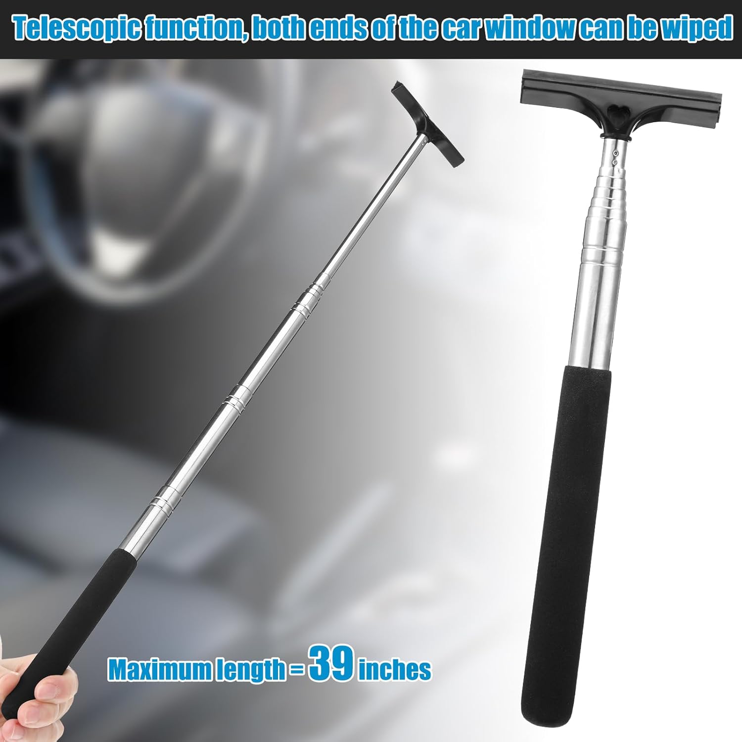2 Pcs Side Mirror Squeegee Small 39 Inch Retractable Handle Car Squeegee with 5 Inch Car Window Mini Rearview Mirror Wiper for Glass Door Rainy Foggy Accessories - Image 3