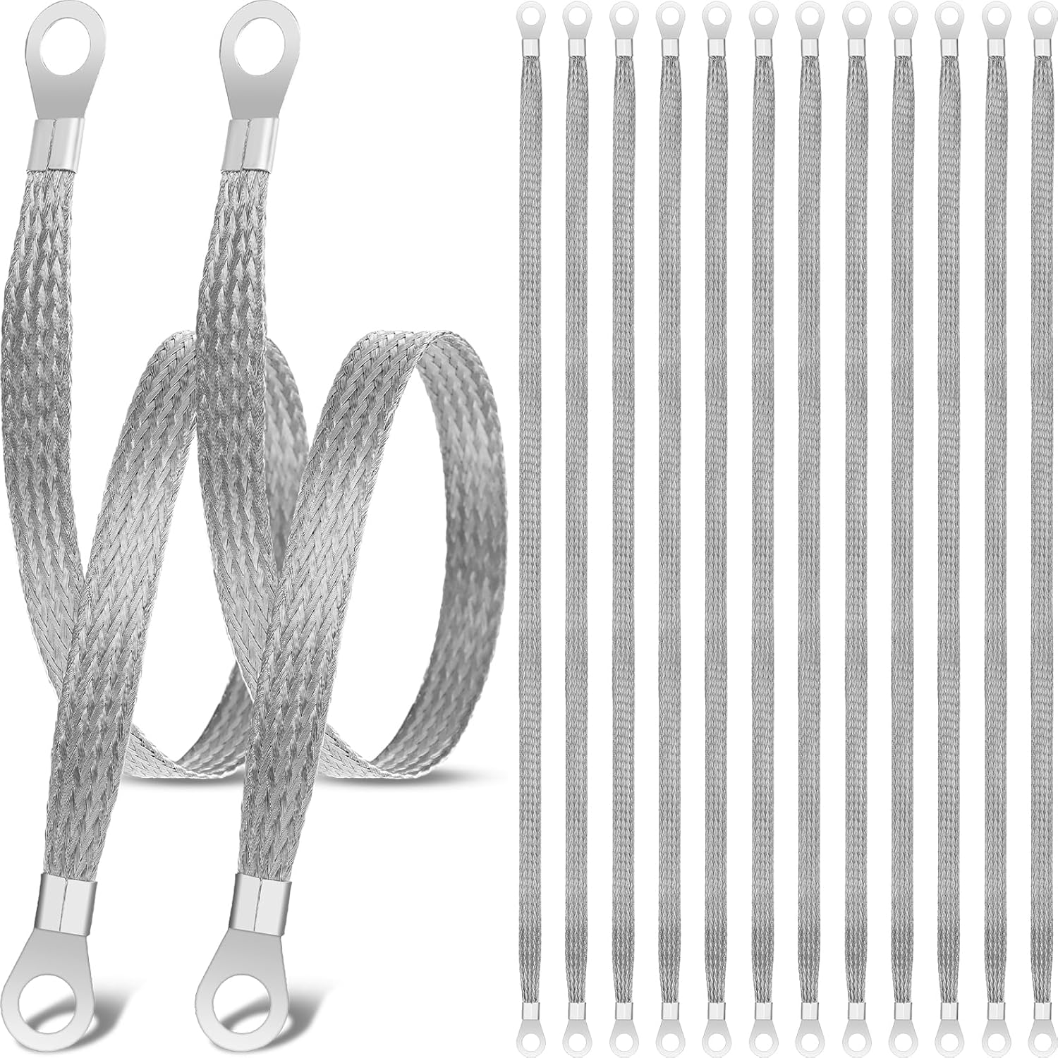 12 Pcs Ground Straps Automotive 20 Inch Universal Engine Ground Strap Kit with Ring Terminals Braided Tinned Copper Grounding Wire Automotive Cable Connectors for Most Cars Vehicle, Silver - Image 1