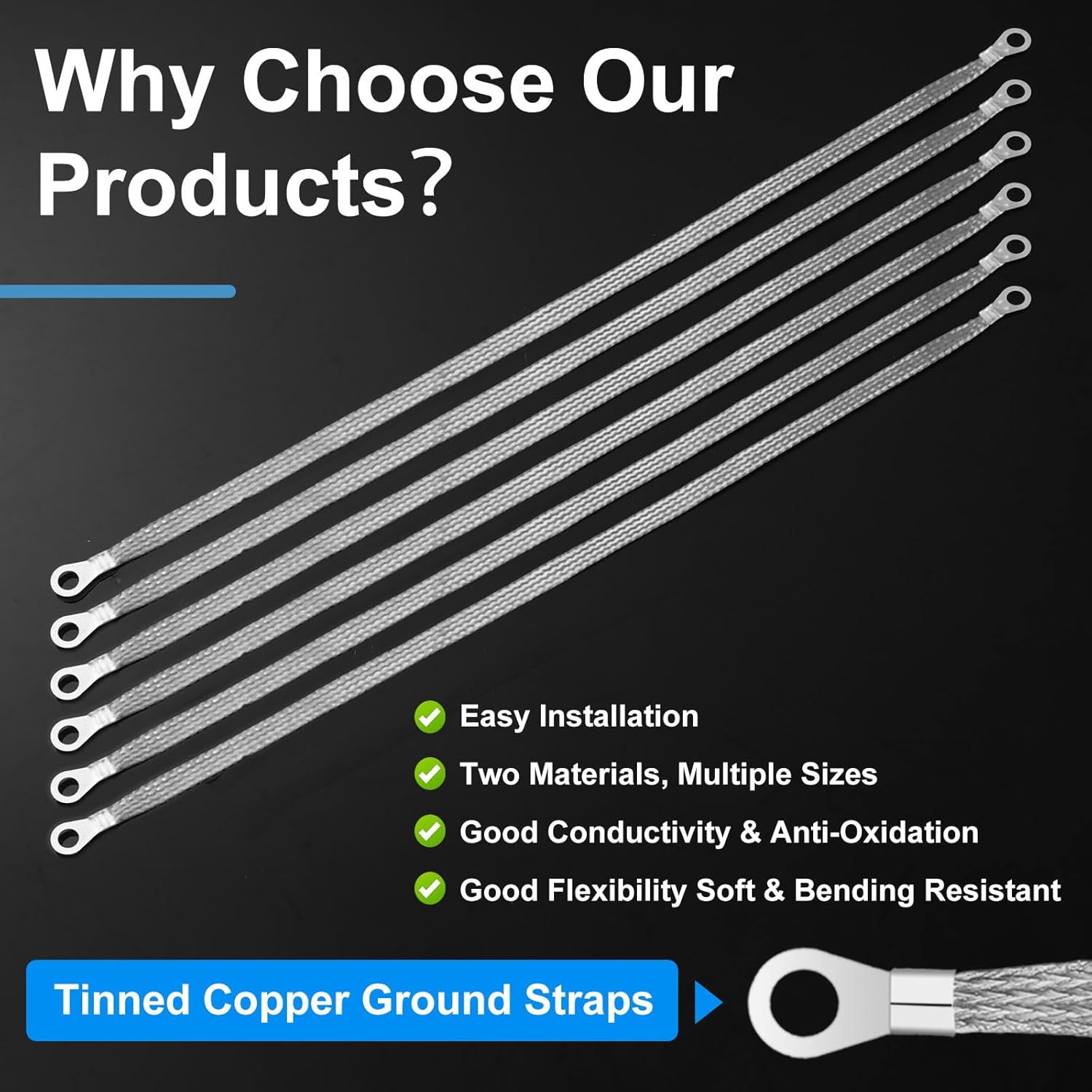 12 Pcs Ground Straps Automotive 20 Inch Universal Engine Ground Strap Kit with Ring Terminals Braided Tinned Copper Grounding Wire Automotive Cable Connectors for Most Cars Vehicle, Silver - Image 3