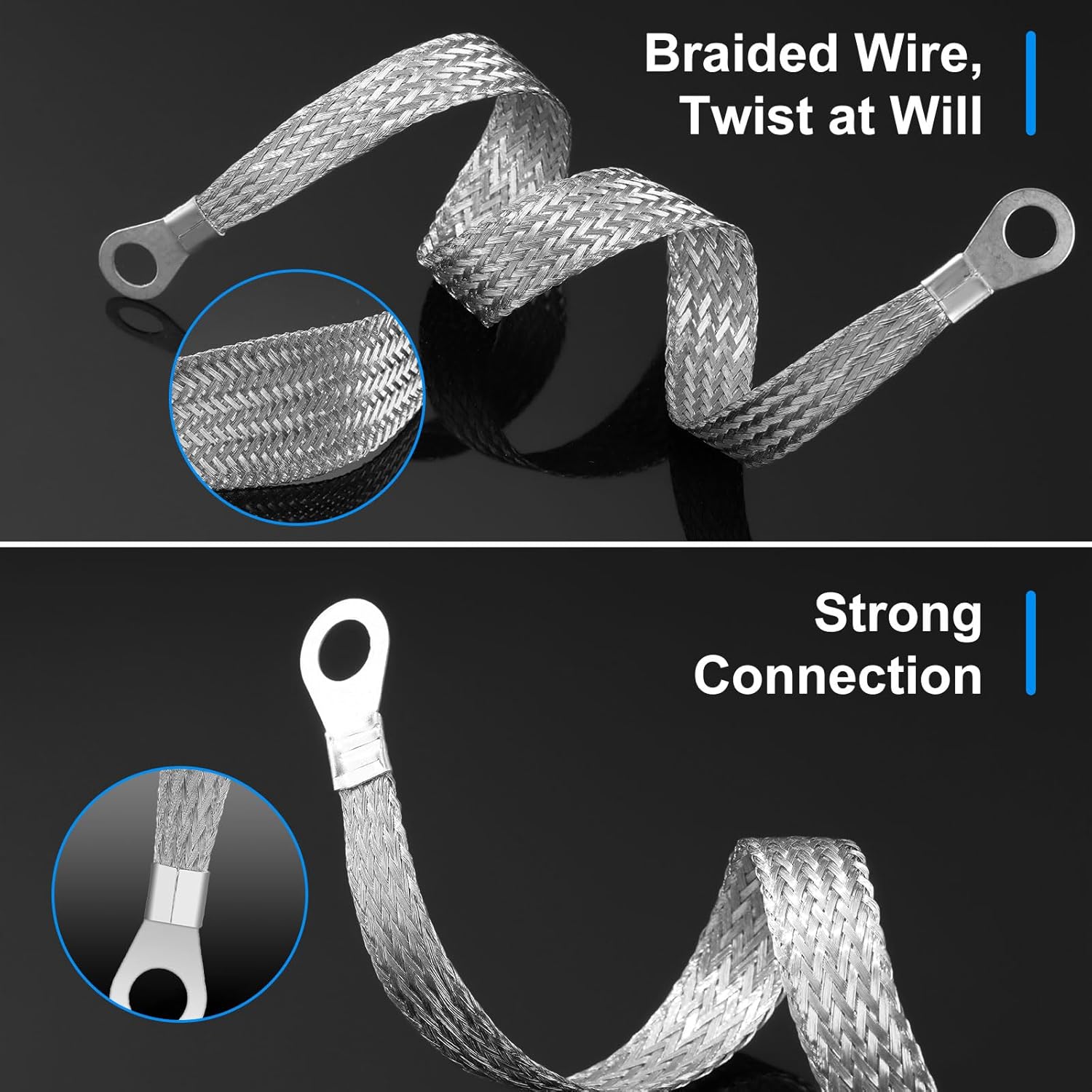 12 Pcs Ground Straps Automotive 20 Inch Universal Engine Ground Strap Kit with Ring Terminals Braided Tinned Copper Grounding Wire Automotive Cable Connectors for Most Cars Vehicle, Silver - Image 4