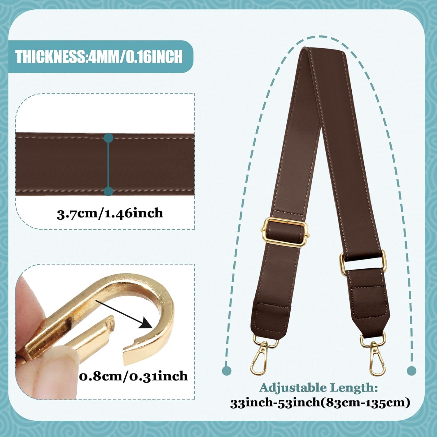 Dark Brown Leather Purse Strap Wide Adjustable Shoulder Purse Strap Handbags Replacement Crossbody Straps with Swivel Clasps, 33~55inch - Image 3