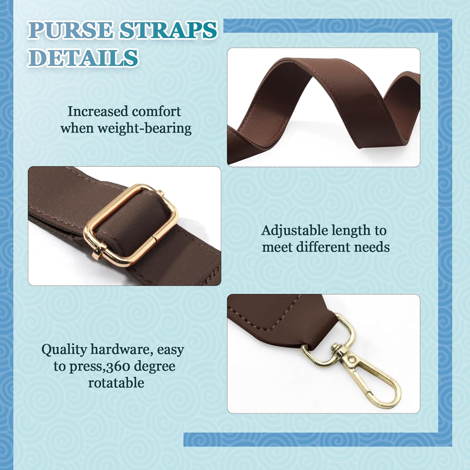 Dark Brown Leather Purse Strap Wide Adjustable Shoulder Purse Strap Handbags Replacement Crossbody Straps with Swivel Clasps, 33~55inch - Image 4