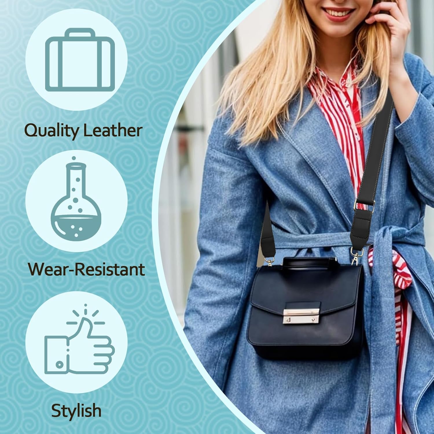 Dark Brown Leather Purse Strap Wide Adjustable Shoulder Purse Strap Handbags Replacement Crossbody Straps with Swivel Clasps, 33~55inch - Image 6
