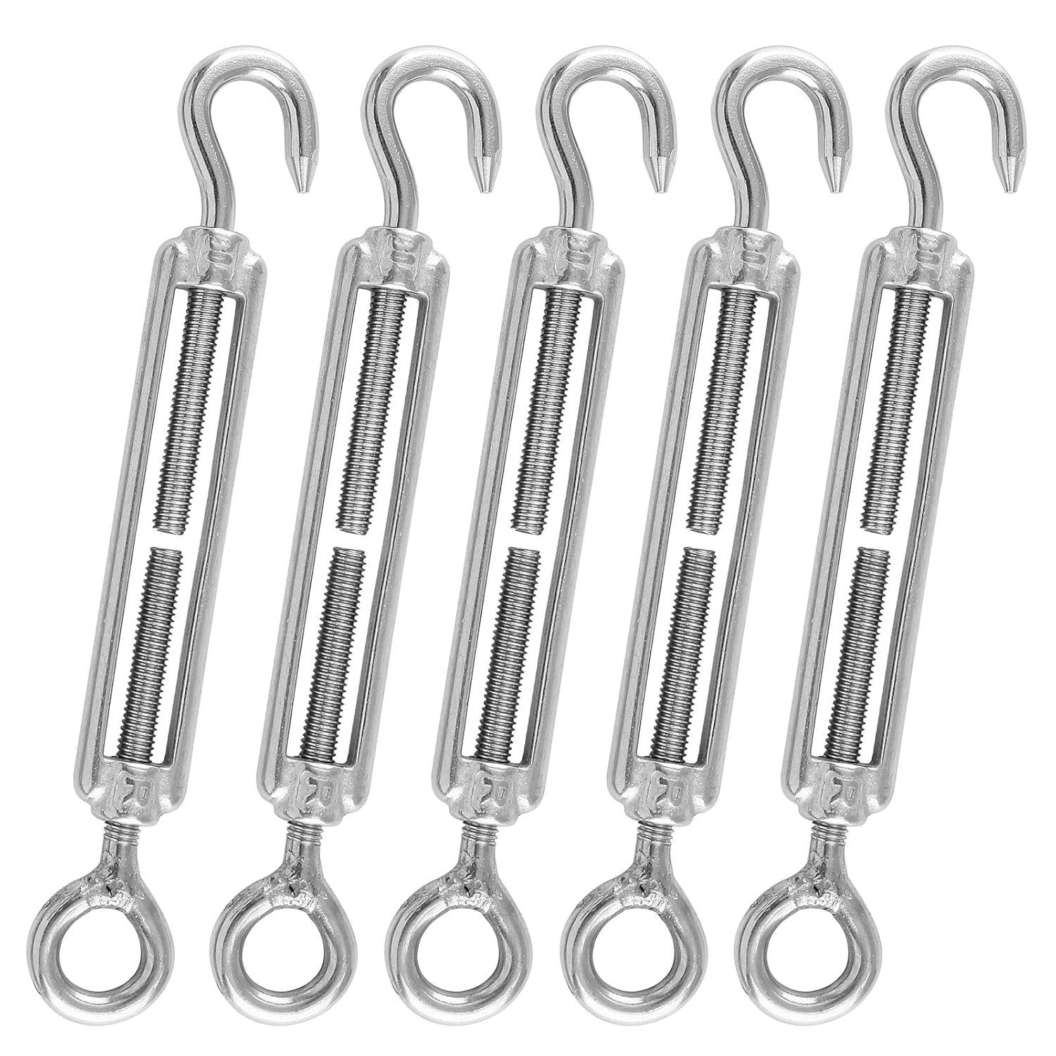 5pcs M5 Stainless Steel 304 Hook & Eye Turnbuckles Adjustable Wire Rope Tensioner - Image 1