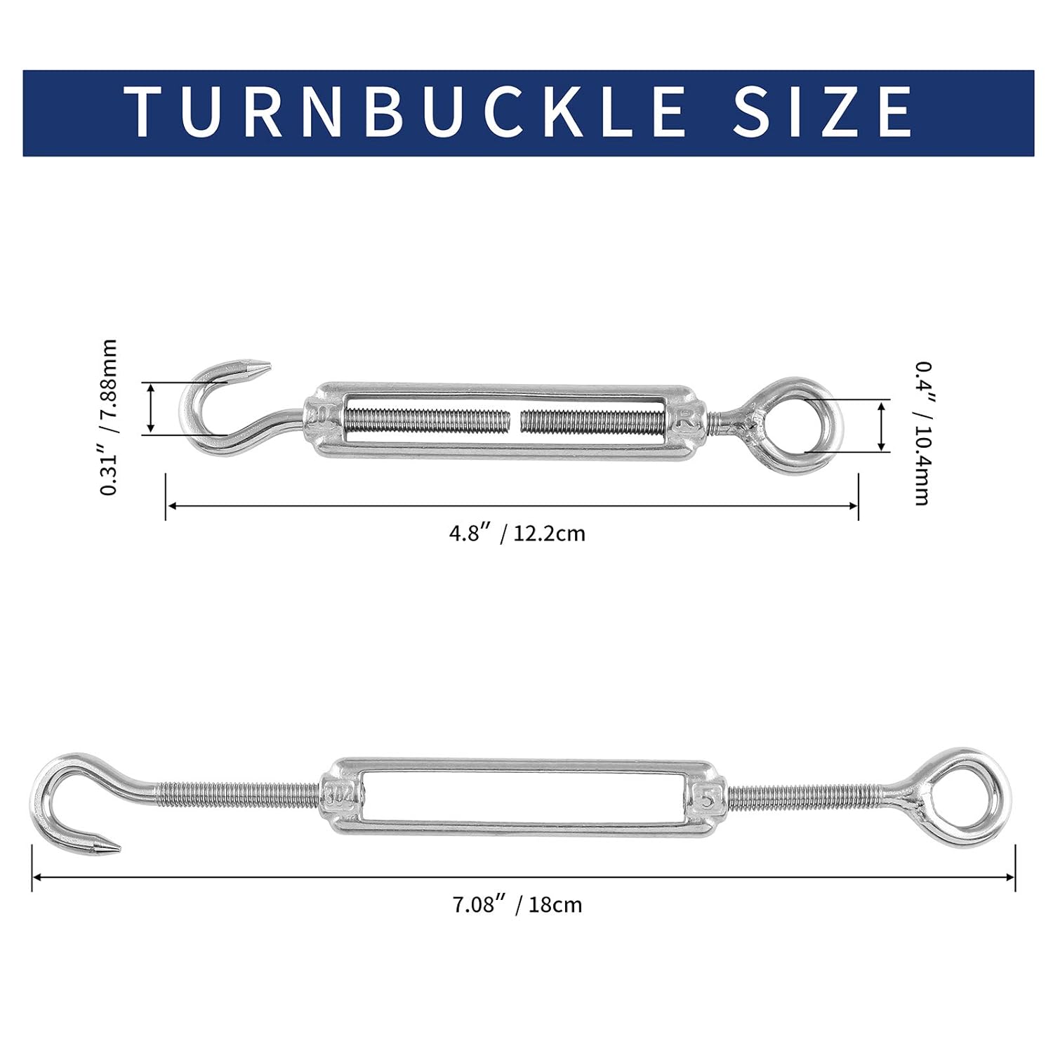 5pcs M5 Stainless Steel 304 Hook & Eye Turnbuckles Adjustable Wire Rope Tensioner - Image 3