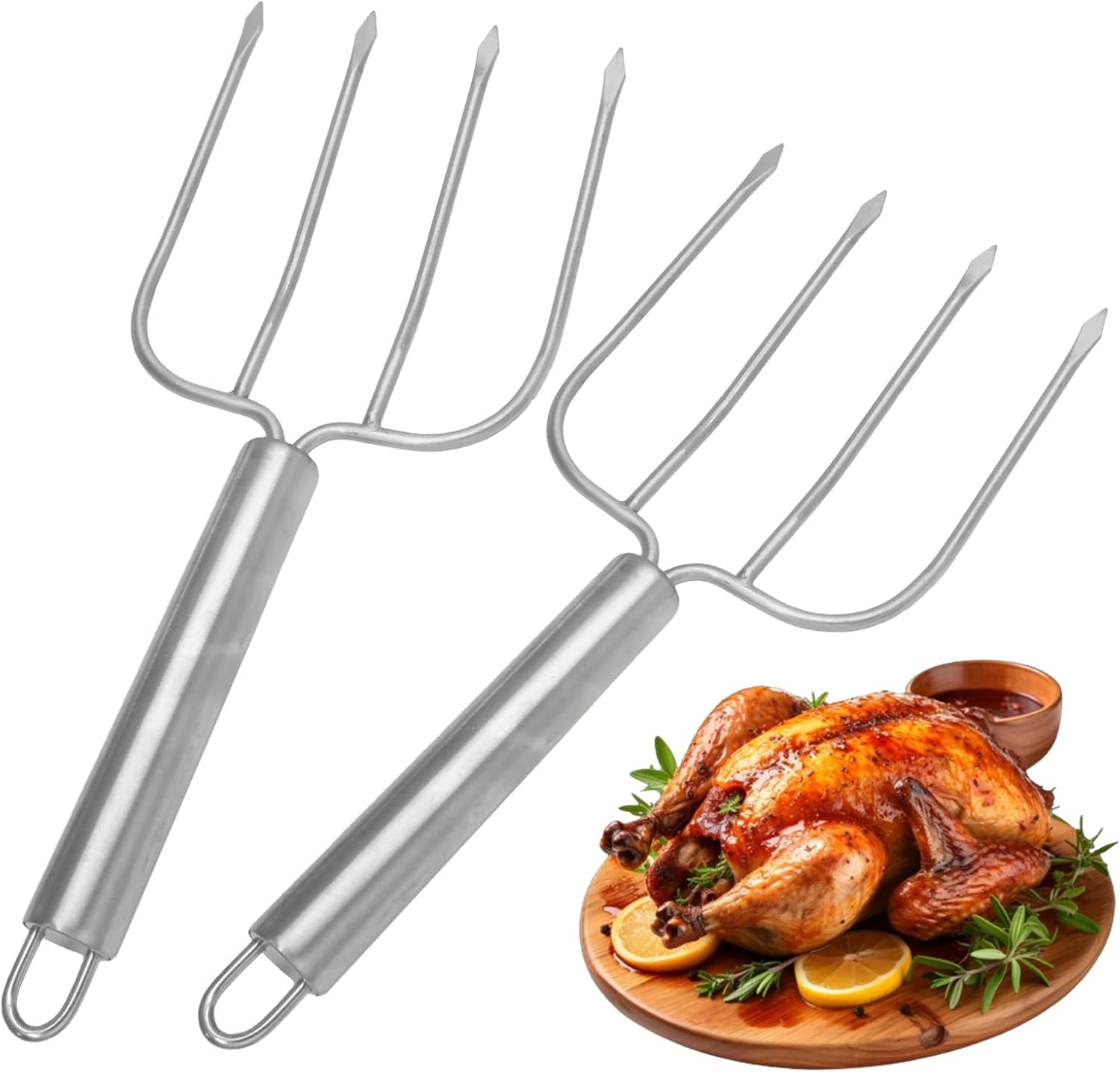Turkey Lifter Forks Stainless Steel Roaster Poultry Forks Four Needle Meat Fork Roast Lifters Carving Fork for Thanksgiving, Set of 2 - Image 1