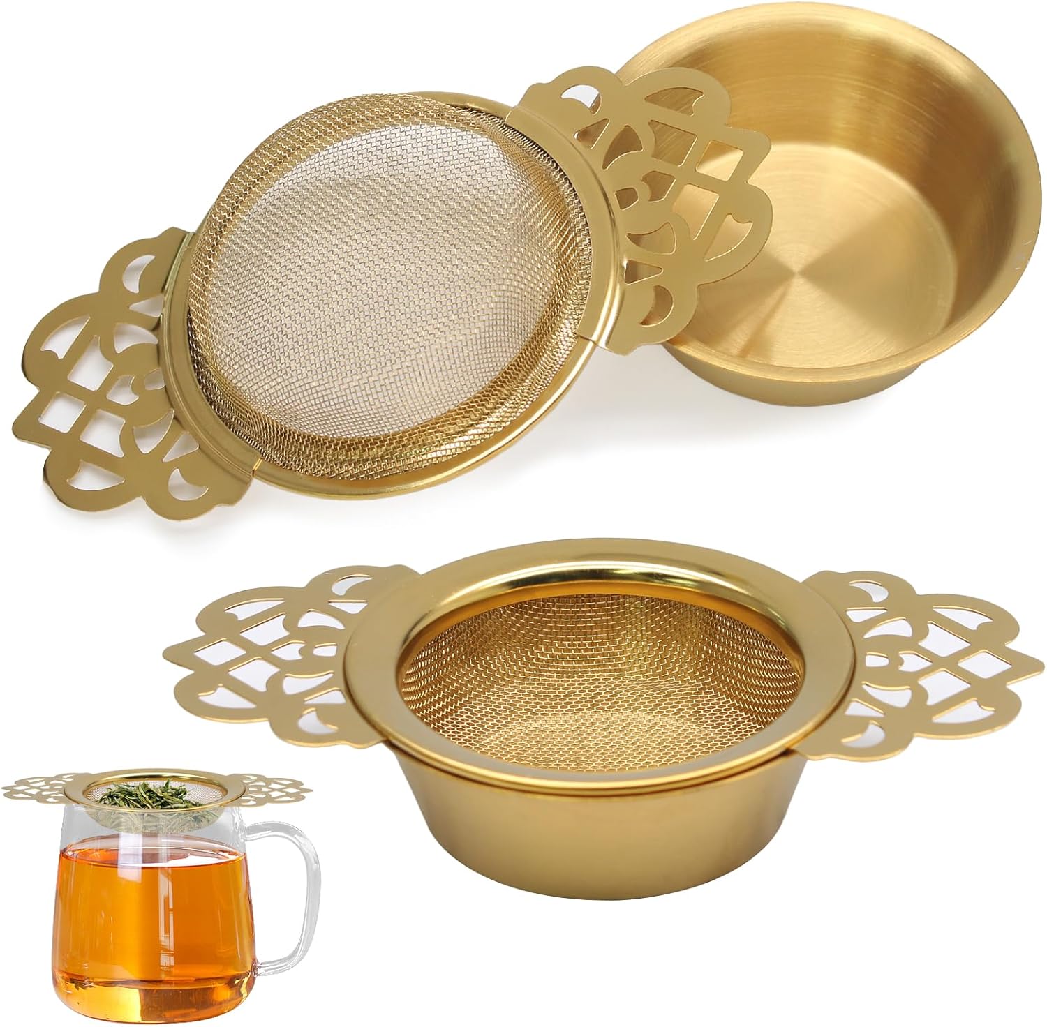 2 Pack Tea Strainers with Drip Bowls Stainless Steel Mesh Tea Infusers Loose Leaf Tea Filter with Handles Tea Steeper for Tea Juice Coffee Drinks, Gold - Image 1