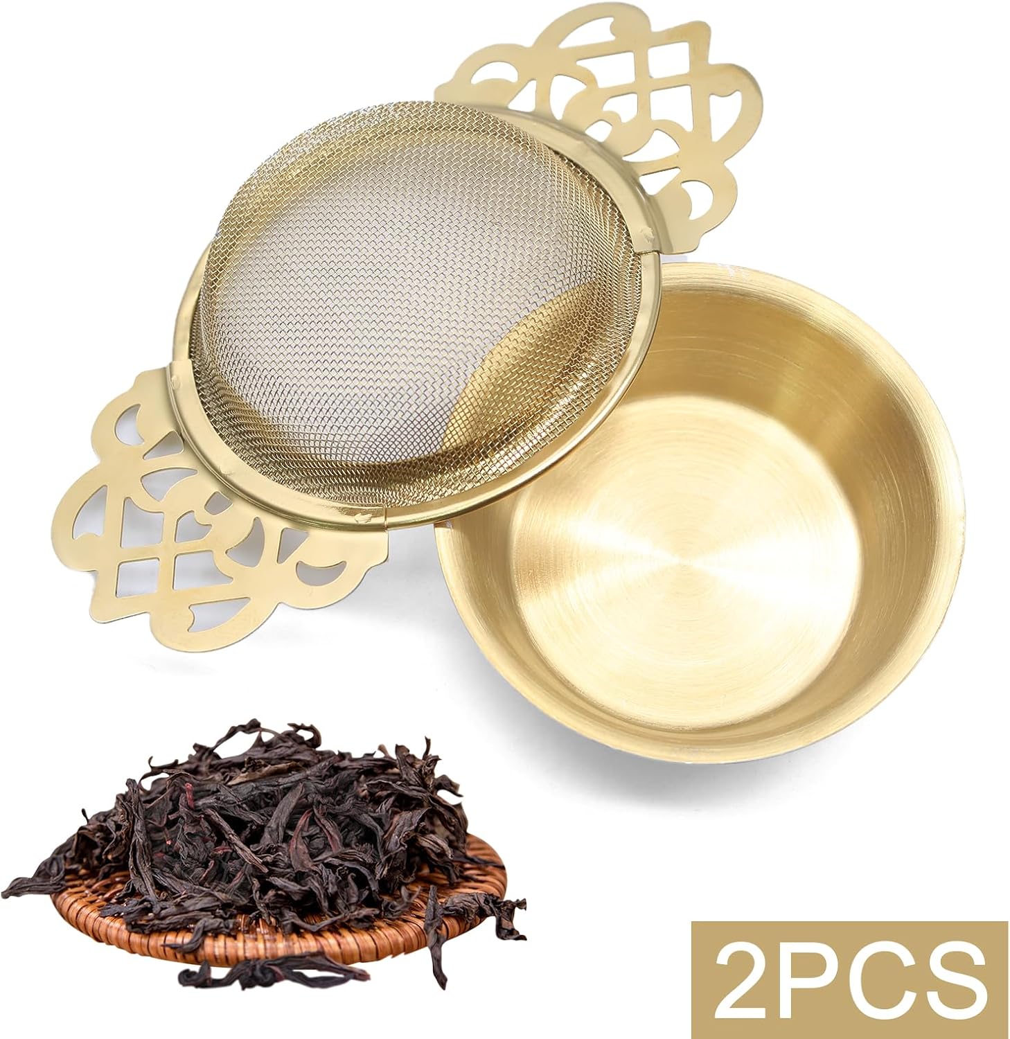 2 Pack Tea Strainers with Drip Bowls Stainless Steel Mesh Tea Infusers Loose Leaf Tea Filter with Handles Tea Steeper for Tea Juice Coffee Drinks, Gold - Image 2