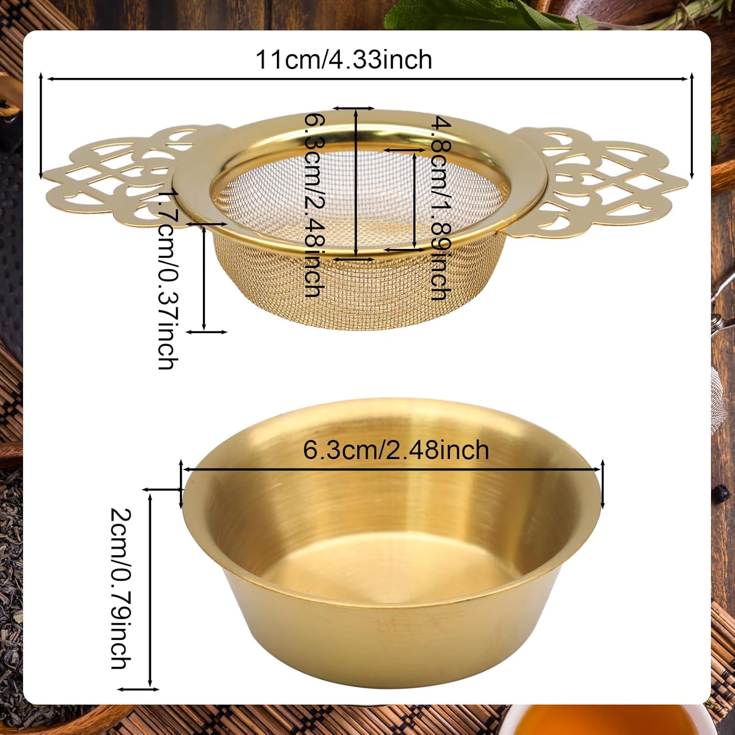 2 Pack Tea Strainers with Drip Bowls Stainless Steel Mesh Tea Infusers Loose Leaf Tea Filter with Handles Tea Steeper for Tea Juice Coffee Drinks, Gold - Image 3