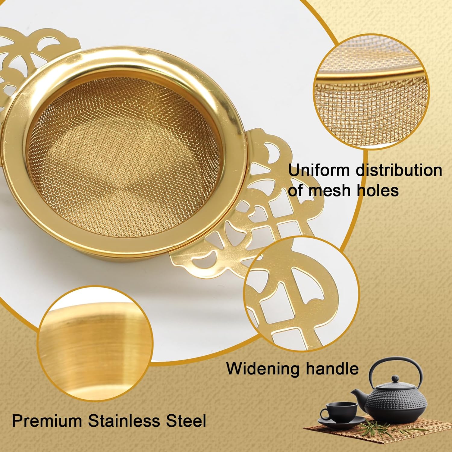 2 Pack Tea Strainers with Drip Bowls Stainless Steel Mesh Tea Infusers Loose Leaf Tea Filter with Handles Tea Steeper for Tea Juice Coffee Drinks, Gold - Image 4