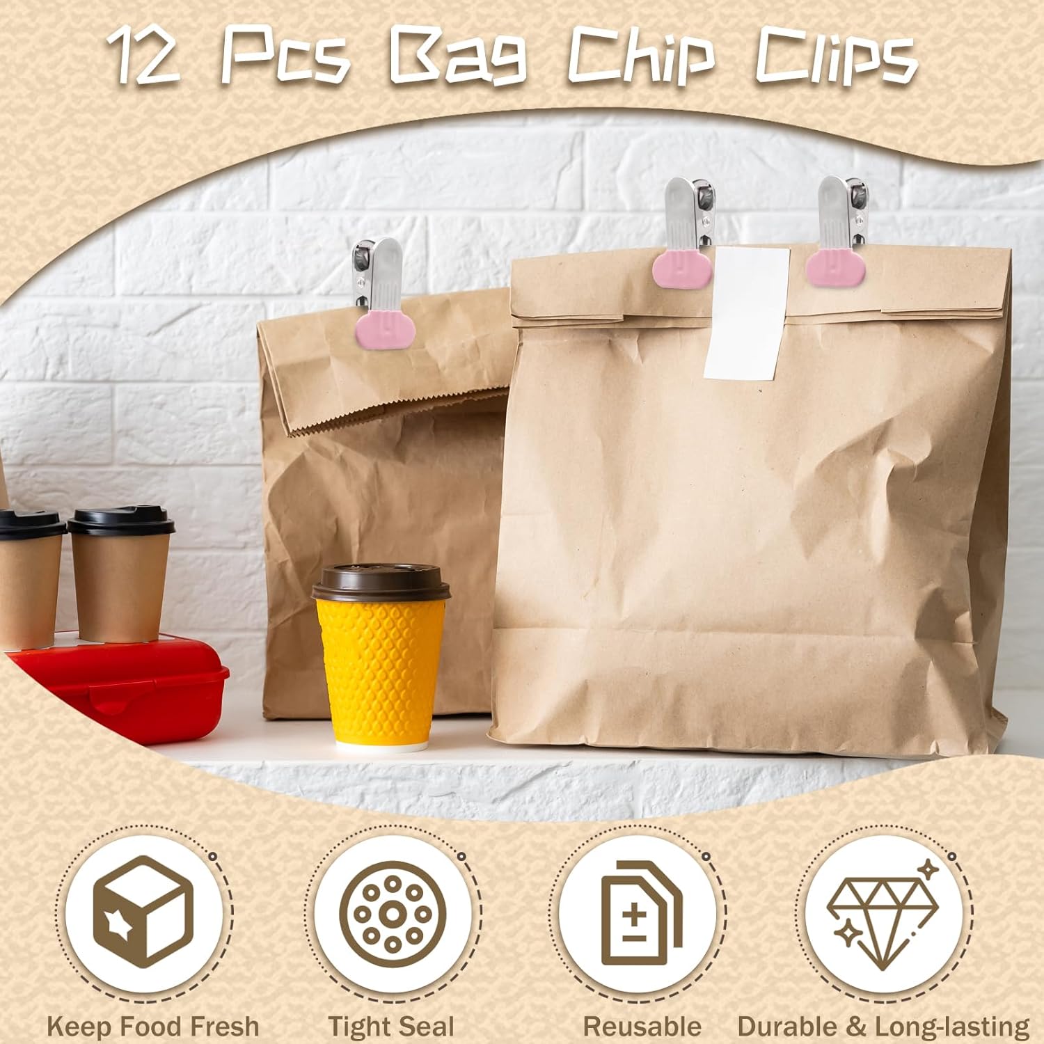 12 Pack Chip Bag Clips with Silicone Edges, 1.5 Inches Wide Chip Clips Food Clips Bag Clips Stainless Steel Food Bag Clips - Air Tight Seal, Heavy Duty for Kitchen and Office, Pink - Image 2