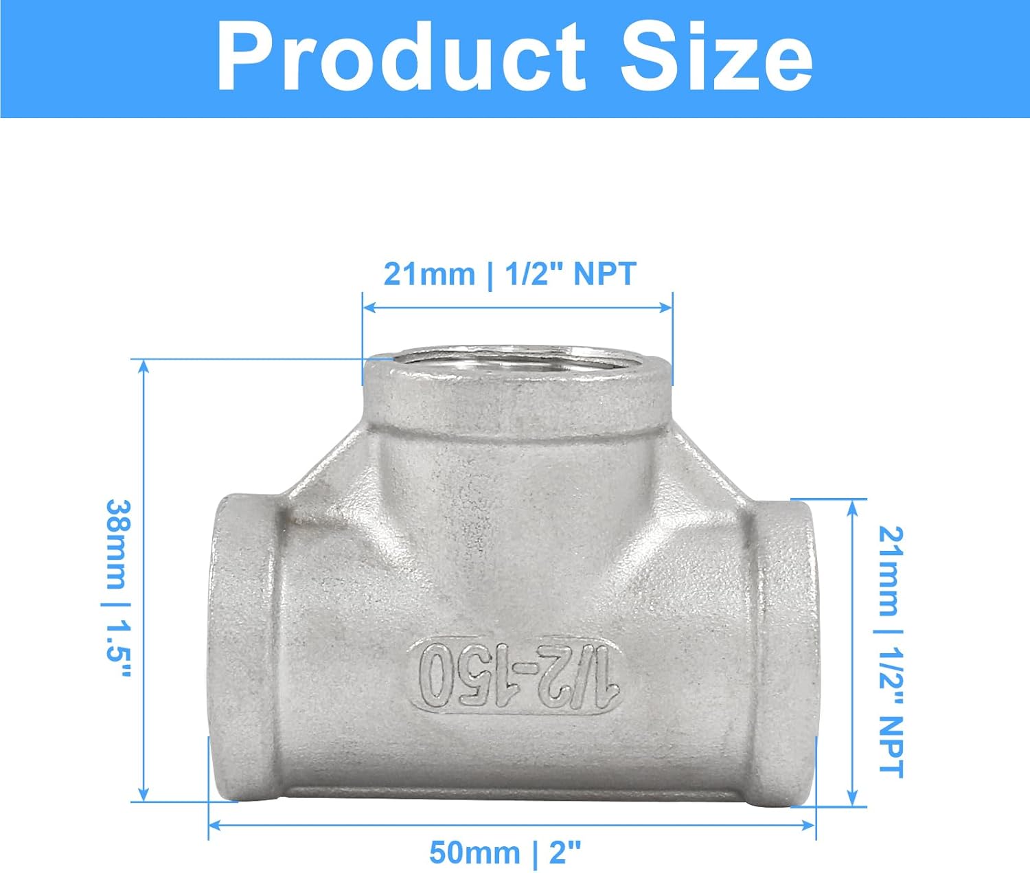 2 PCS 1/2 Inch Female NPT Tee Pipe Adapter Cast Pipe Fitting, Stainless Steel 3-Way T Shaped Pipe Fitting Adapter - Image 3