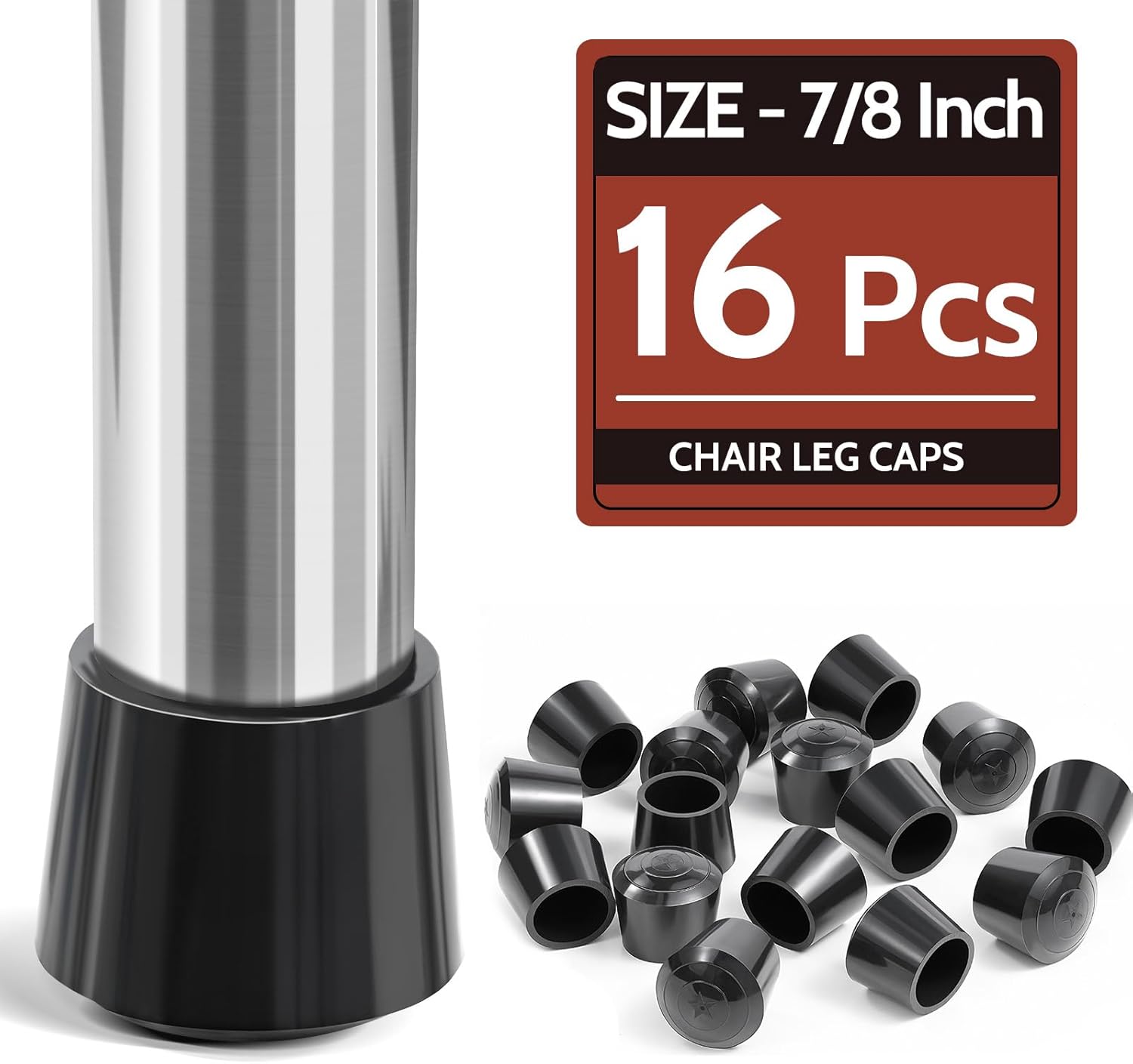 Chair Leg Caps,  Non-Slip Rubber Leg Tips 7/8'' Inner Diameter Chair Leg Floor Protectors Covers Round Black, 16 Pack - Image 1