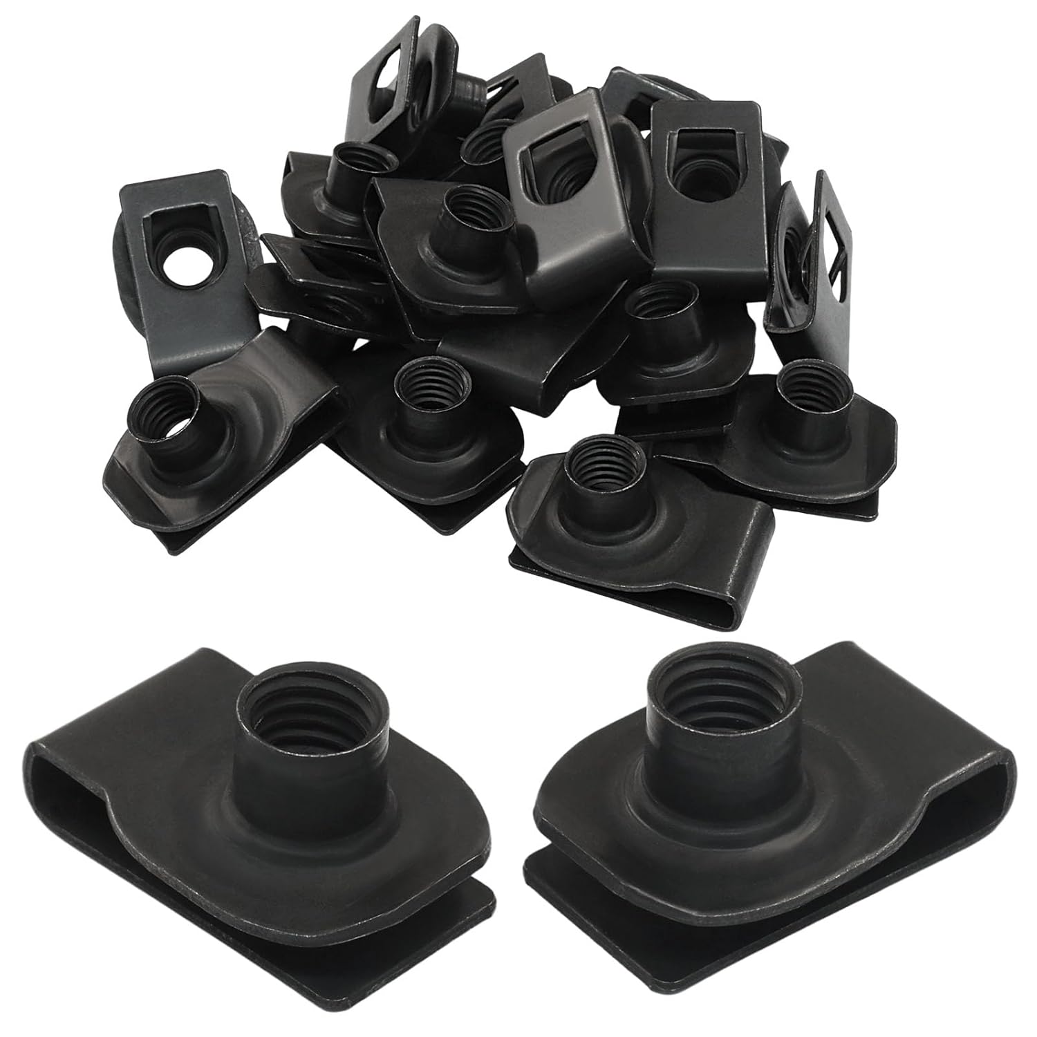 25 Pcs Extruded U Type Nuts, M10 Bumper Fender U Style Clip on Nut Black Fasteners, Spring Nuts for Automotive Metal Fender/Grill Retainer Clips - Image 1