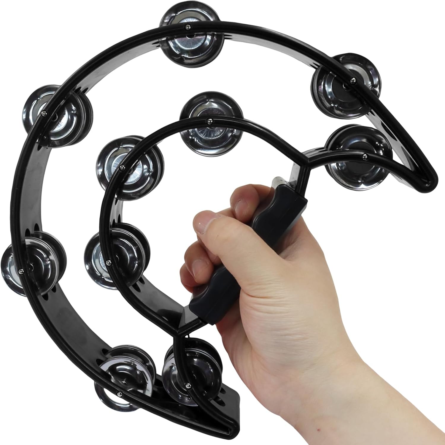 Tambourine Double Row, Metal Jingles Hand Held Percussion, Half Moon Tambourine for Kids/Adults/Party Kids-Black - Image 3