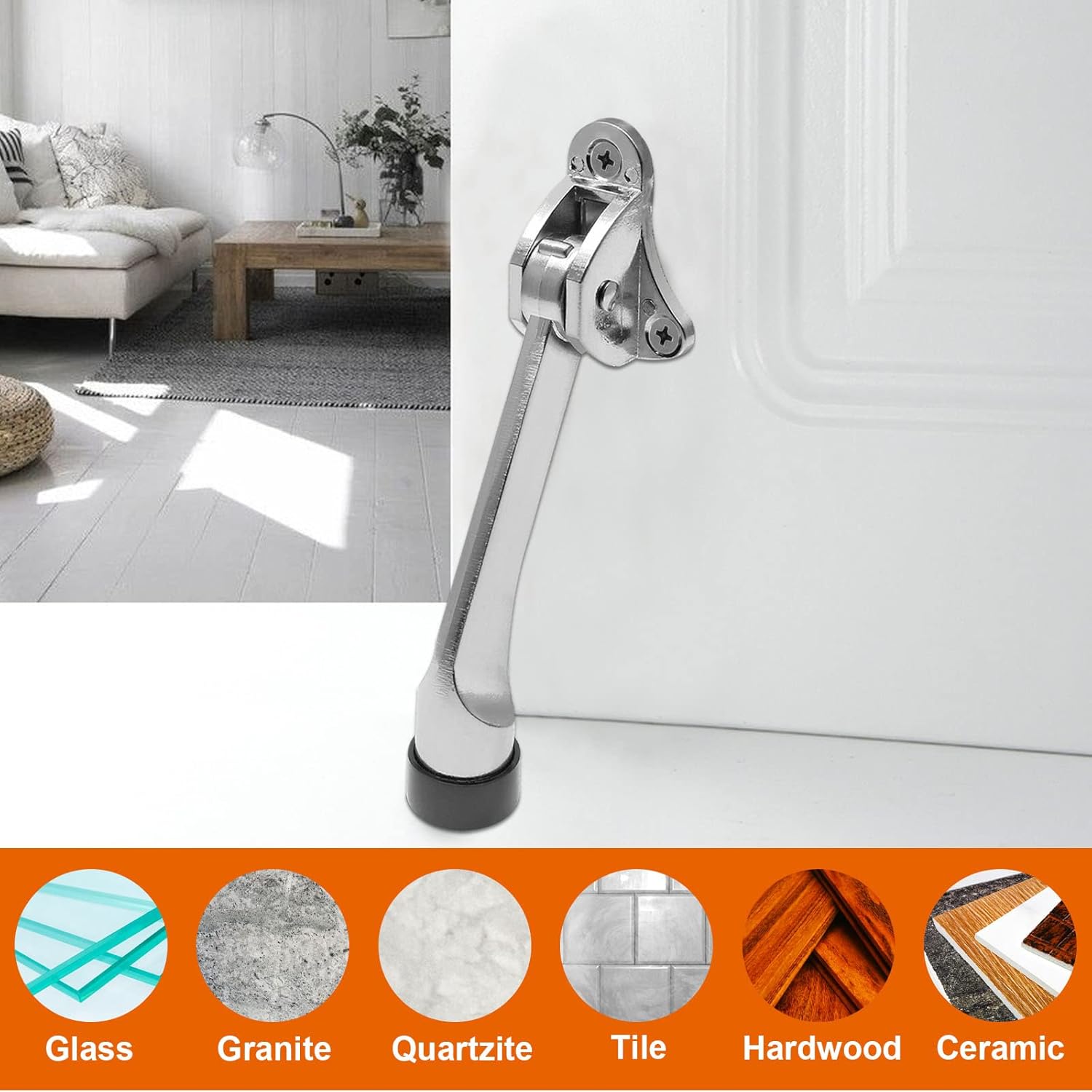 2pcs 4 Inch KickDown Door Stopper, Heavy Duty Door Stop with Non-Slip Rubber Tip for Wood Concrete Tiled Carpeted Floors, Brushed Nickel - Image 2