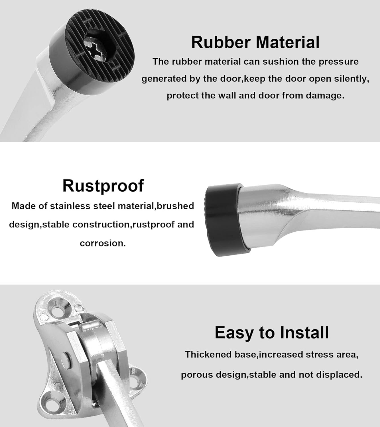 2pcs 4 Inch KickDown Door Stopper, Heavy Duty Door Stop with Non-Slip Rubber Tip for Wood Concrete Tiled Carpeted Floors, Brushed Nickel - Image 3