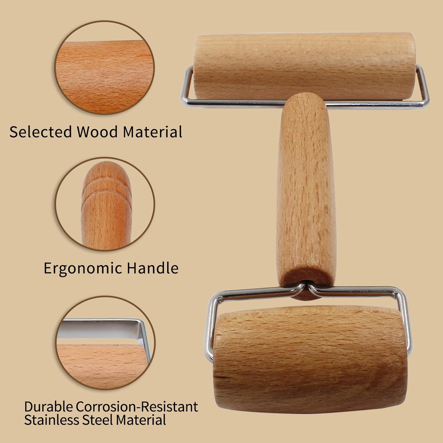 Wooden Rolling Pin, Ergonomic Non-Stick Pizza Baker Dough Pastry Roller for Kitchen Home Cooking Baking (H Square Type) - Image 4