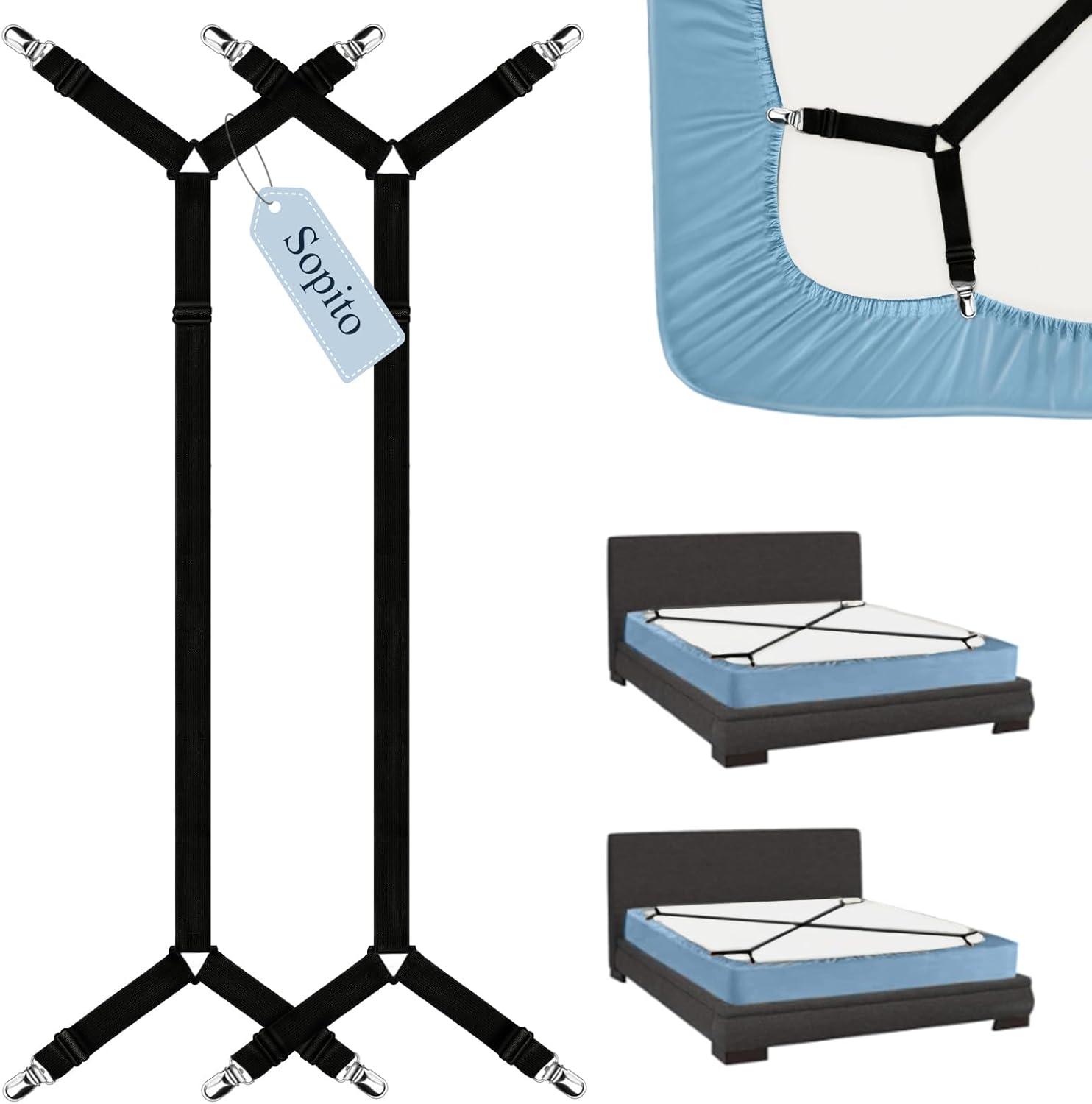 Sheet Straps, Adjustable Bed Sheet Suspenders Max Stretch from 29.5 in to 82.7 in Compatible for Crib to King Size Bed, Non Slip Holder Fasteners Clips, 2pcs/Black - Image 1