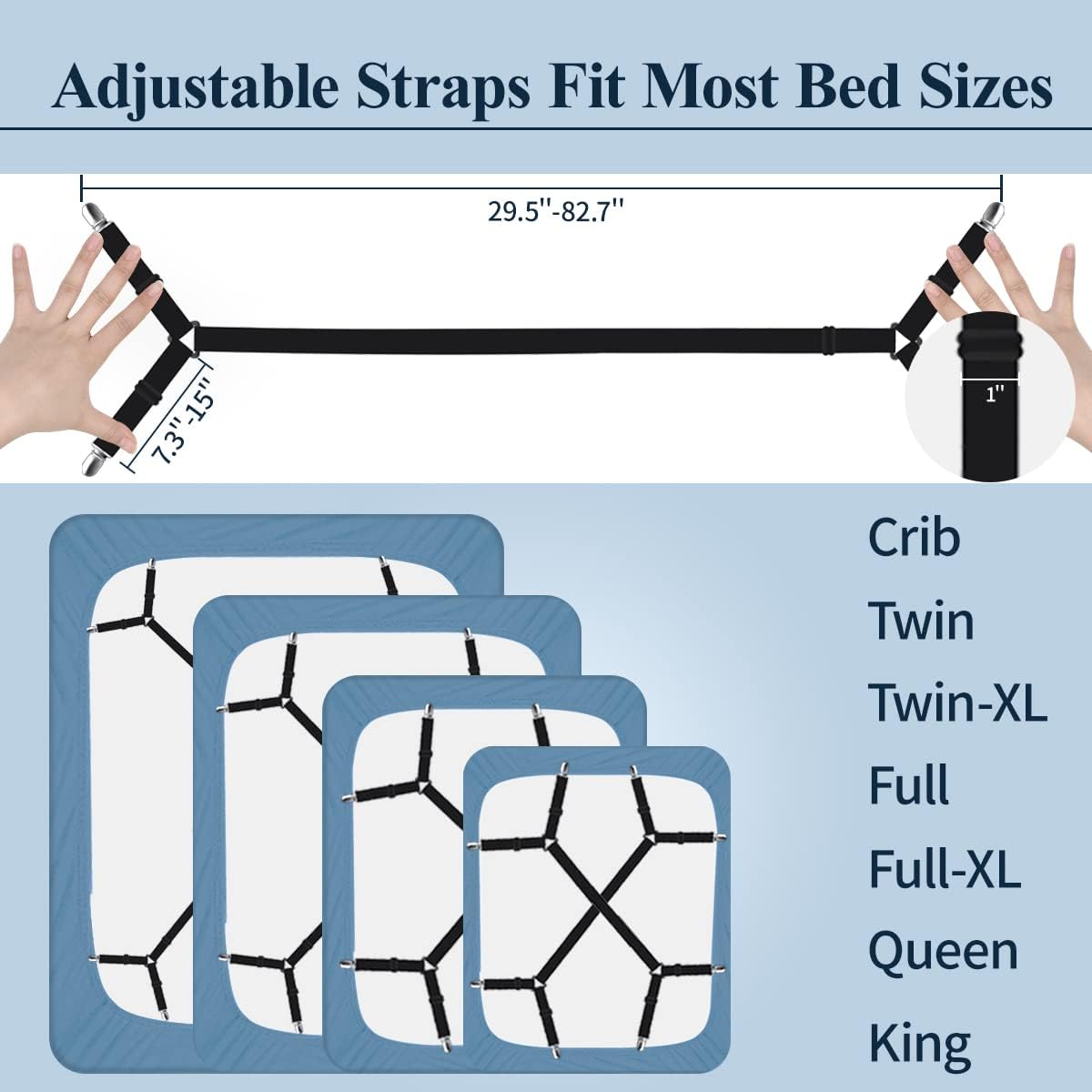 Sheet Straps, Adjustable Bed Sheet Suspenders Max Stretch from 29.5 in to 82.7 in Compatible for Crib to King Size Bed, Non Slip Holder Fasteners Clips, 2pcs/Black - Image 2