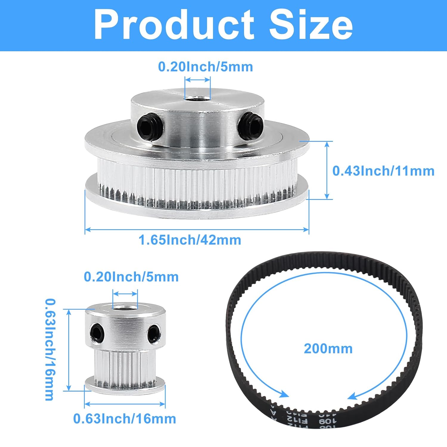 2Pcs Set GT2 Synchronous Wheel 20&60 Teeth 5mm Bore Aluminum Timing Pulley with 2Pcs Length 200mm Width 6mm Belt - Image 3
