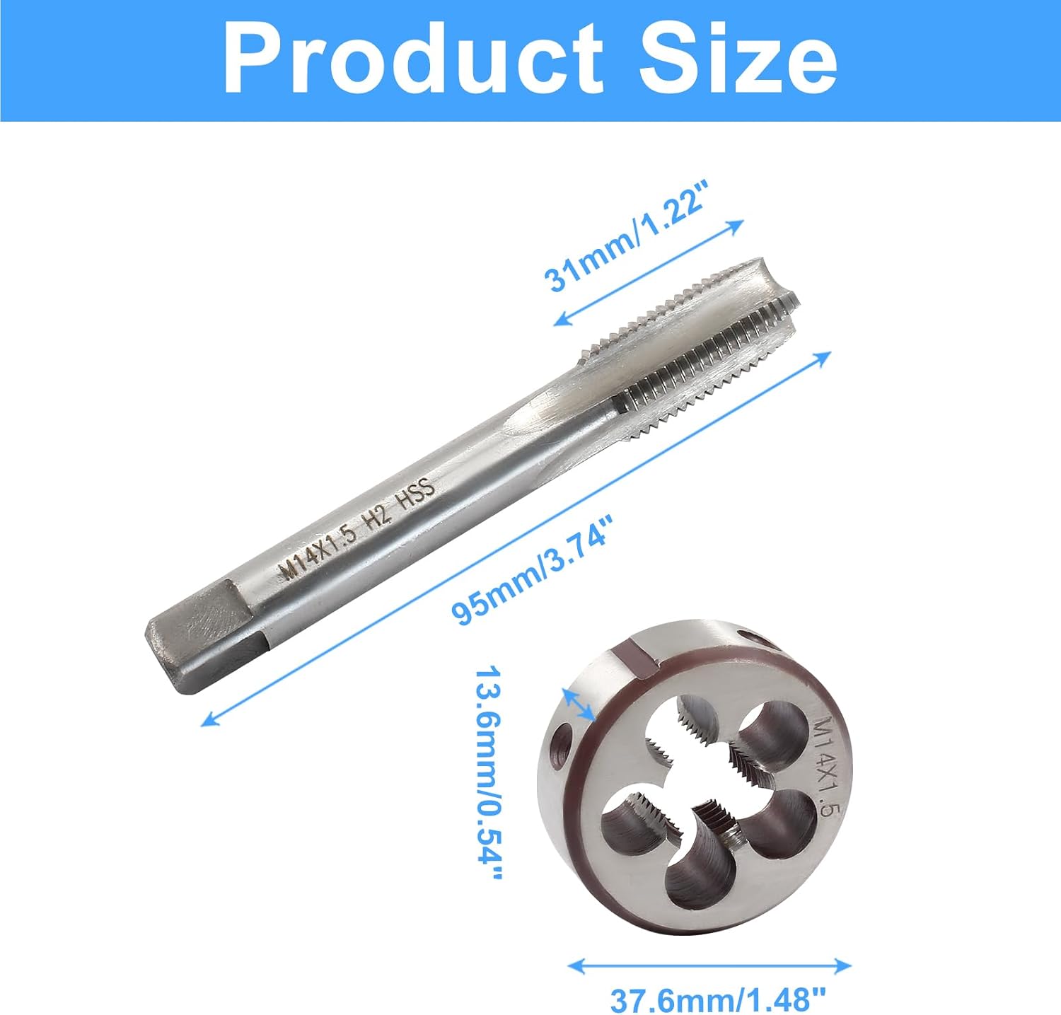 M14 x 1.5 HSS Metric Thread Tap and Die Set, Right Hand Machine Thread Tap and Round Die - Image 3