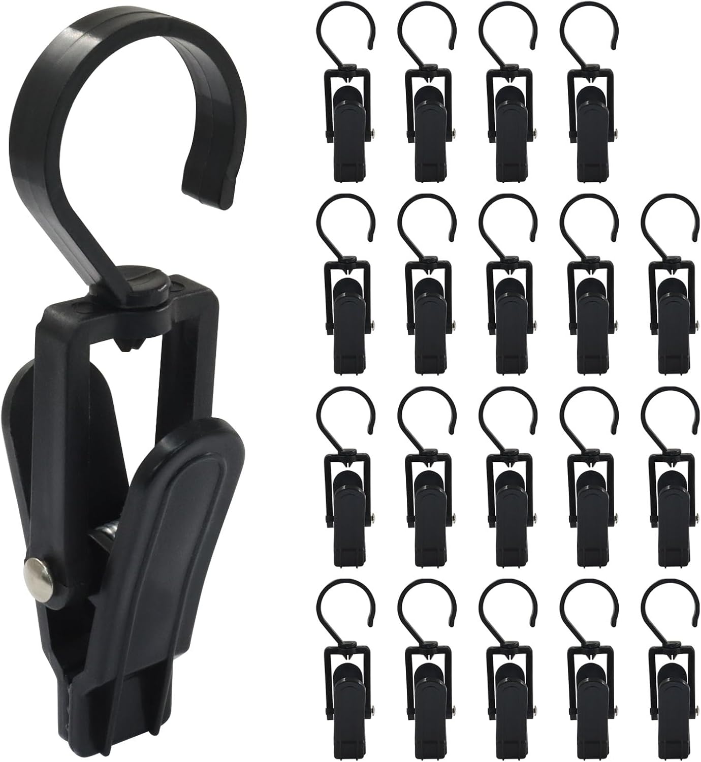 20 Pack Super Strong Swivel Hanging Hooks, Laundry Clips Plastic Clothes Pins Beach Towel Clips, 360° Rotating Curtain Clips for Home Office & Workshop/Clothing Store/Closet, 4.3-inch(Black) - Image 1