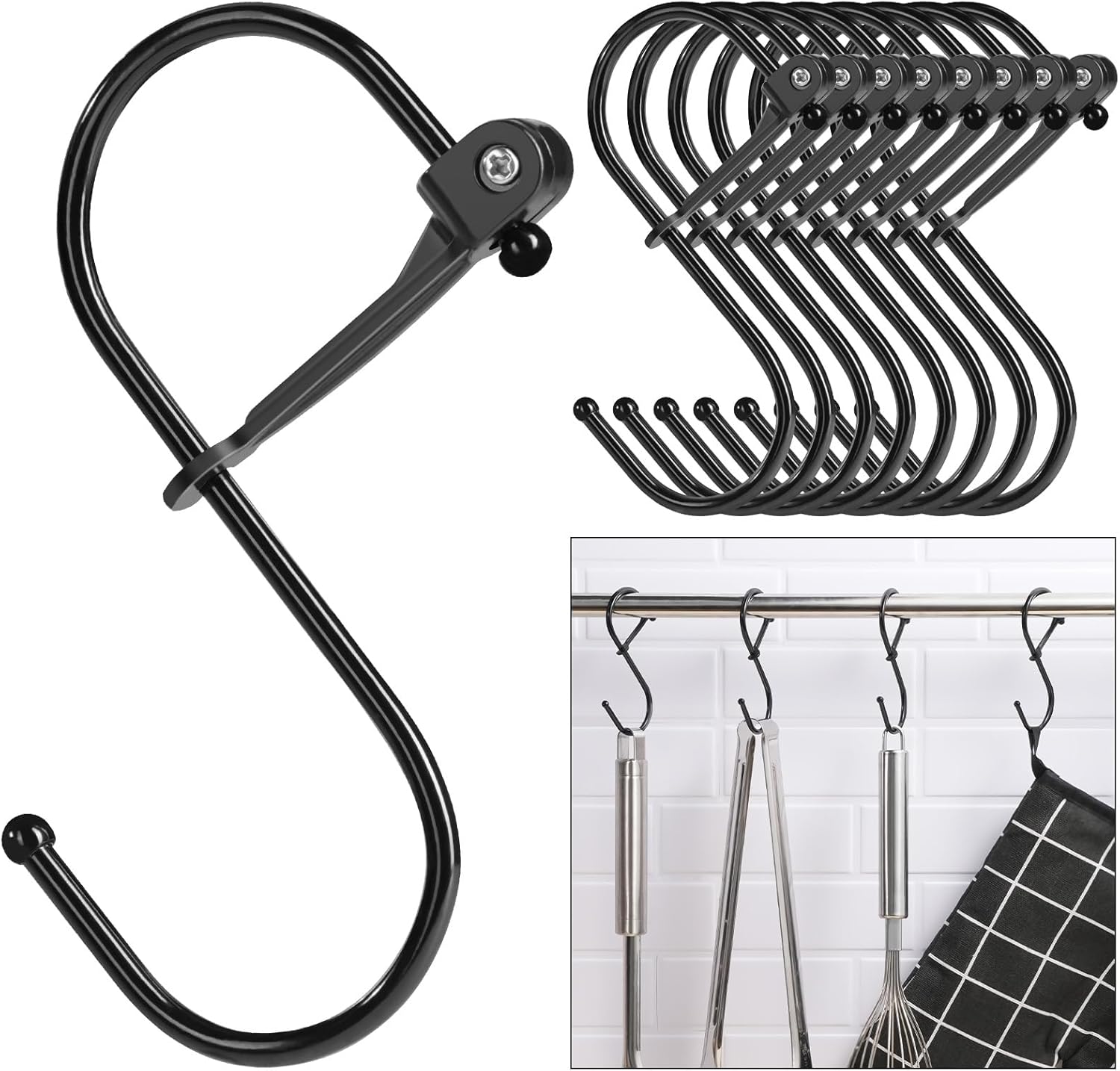 S Hooks, 8pcs 3.5 Inches Metal Safety Buckle S Shaped Hooks for Kitchen, Bathroom, Closet(Black) - Image 1
