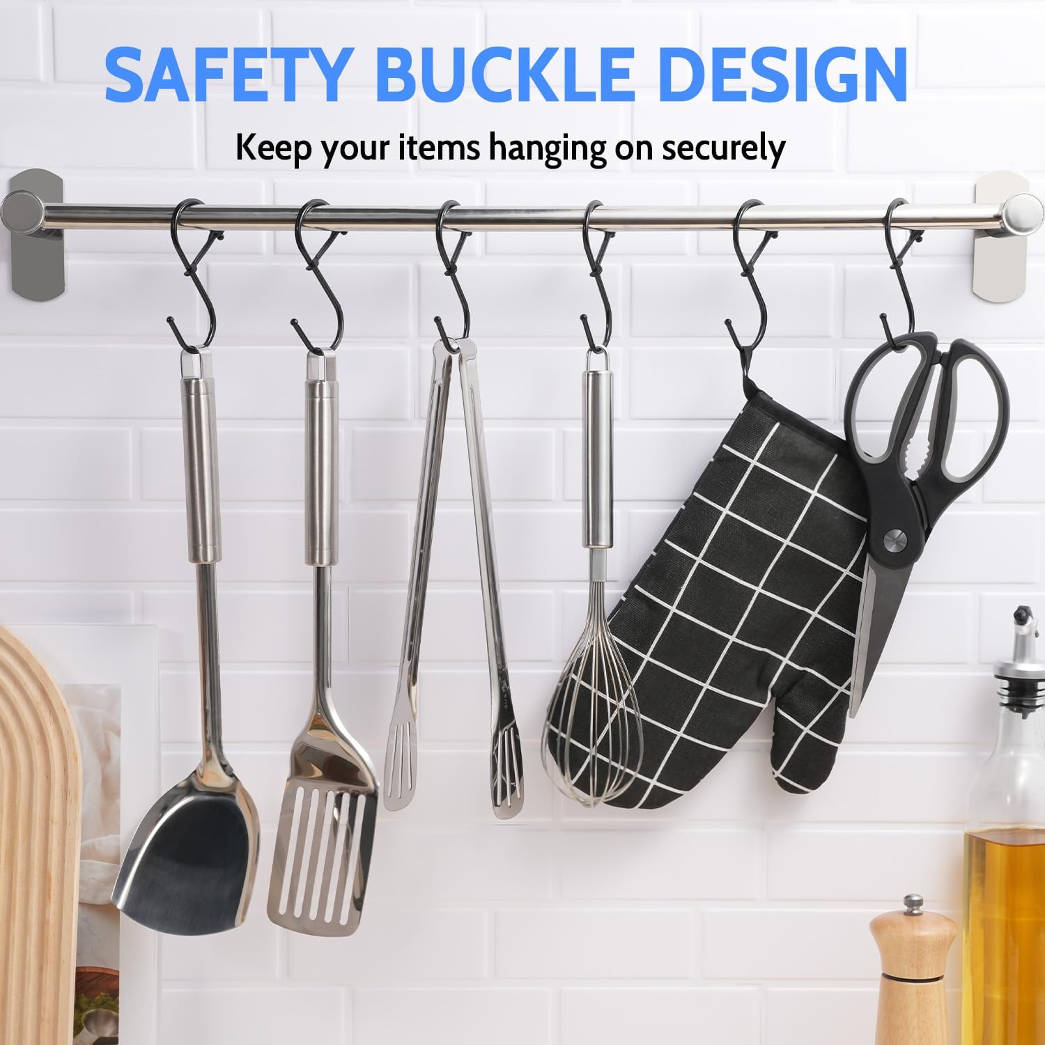 S Hooks, 8pcs 3.5 Inches Metal Safety Buckle S Shaped Hooks for Kitchen, Bathroom, Closet(Black) - Image 2