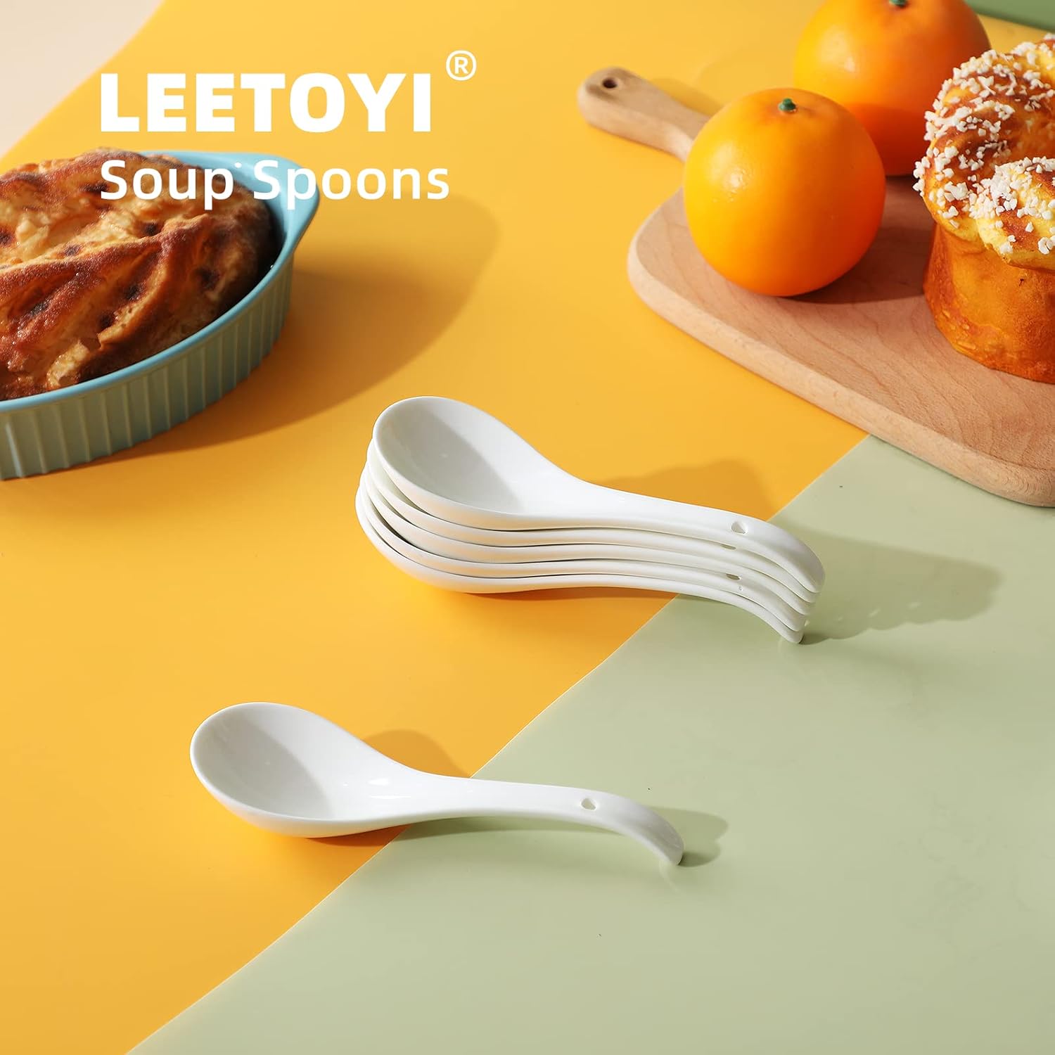Asian Soup Spoons Set of 6, Ceramic Japanese Soup Spoons, Ramen Spoon for Cereal Wonton Dumpling Noodles,Table Spoon Set Dishwasher Safe Easy To Clean, White - Image 2