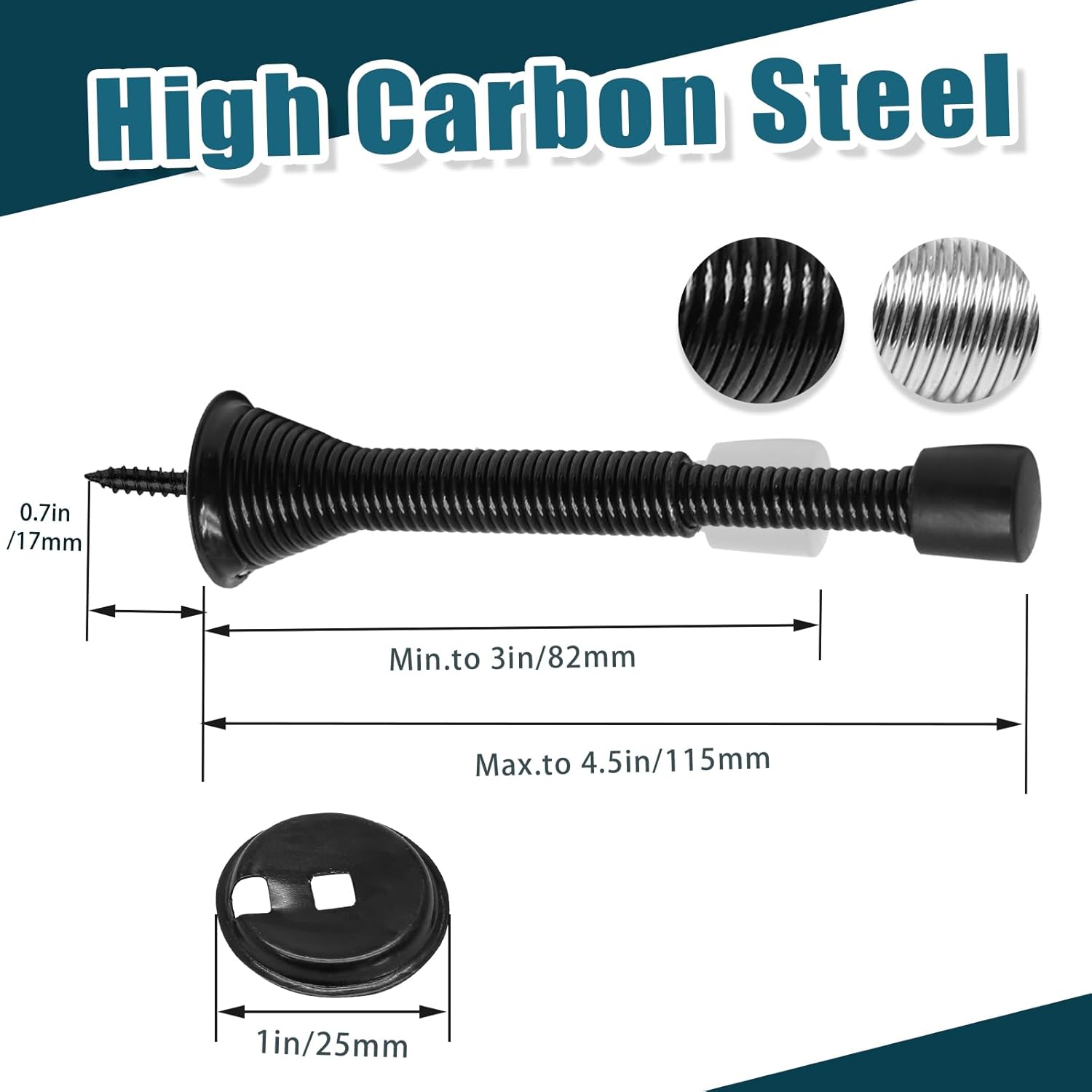 6 Pack Spring Door Stoppers with Rubber Bumper, 3 to 4 Inch Adjustable Spring Steel Door Stoppers, Flexible Wall Door Stops（Black） - Image 5