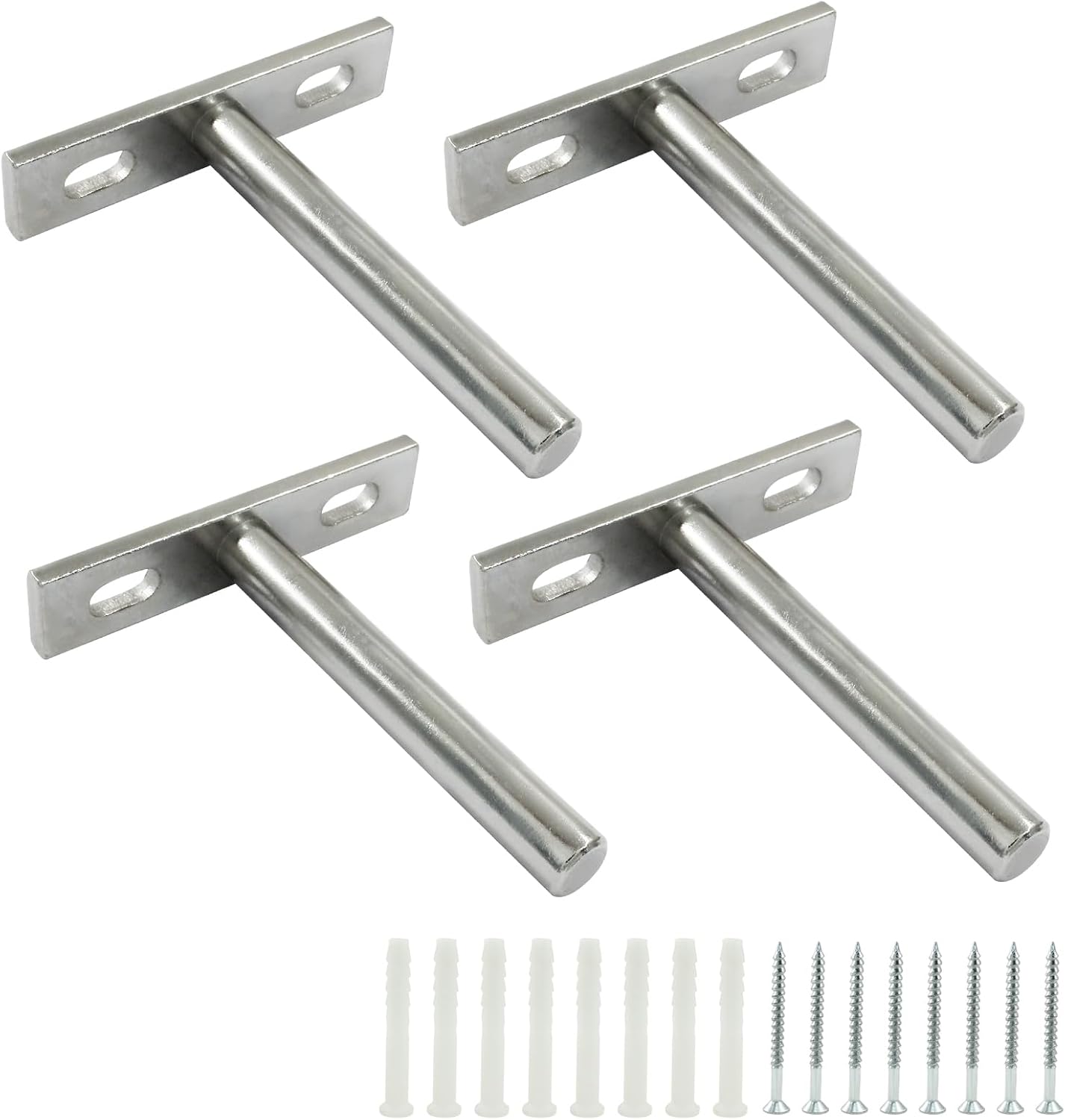4 Pcs Hidden Floating Shelf Brackets, 3 Inch, Silver, Steel, Wall Mount, Screws and Wall Plugs Included - Image 1
