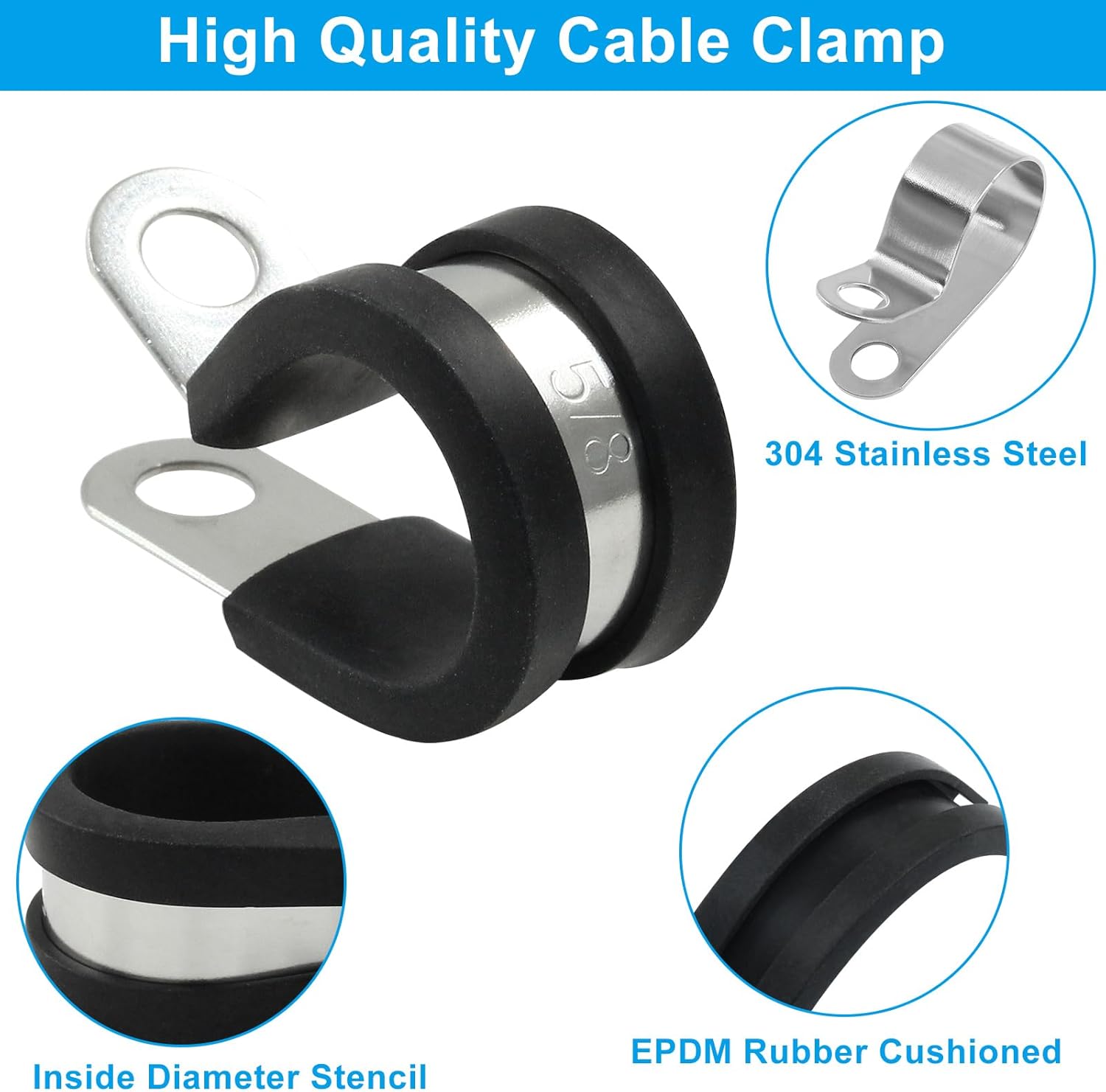 20 PCS 5/8 Inch Cable Clamp 304 Stainless Steel Pipe Clamp, Rubber Cushioned Insulated - Image 4