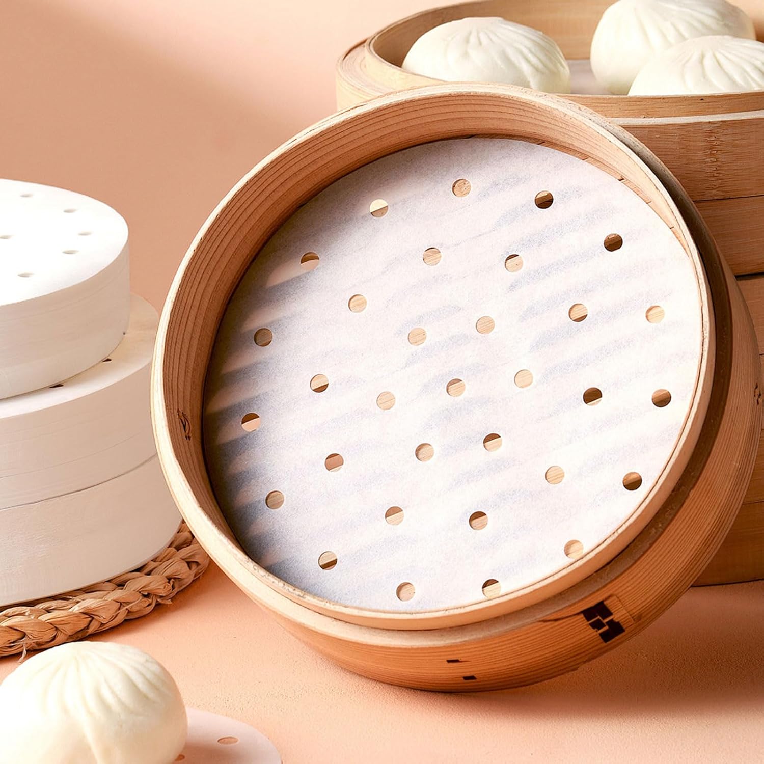 200 Pack Round Air Fryer Parchment Paper, 5 Inch Disposable Dumpling Steam Paper Perforated Bamboo Steamer Liners, Air Fryer Liner for Airfryer, Steaming Basket and Mores - Image 4