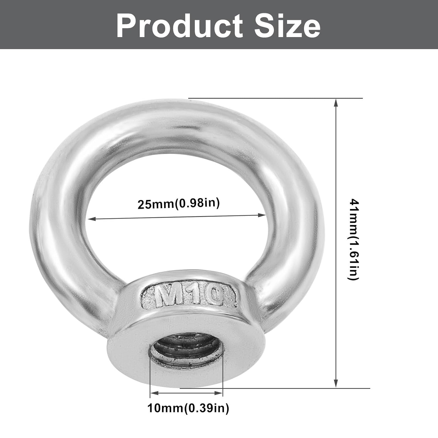 6 Pcs M10 304 Stainless Steel Lifting Eye Nut, 3/8