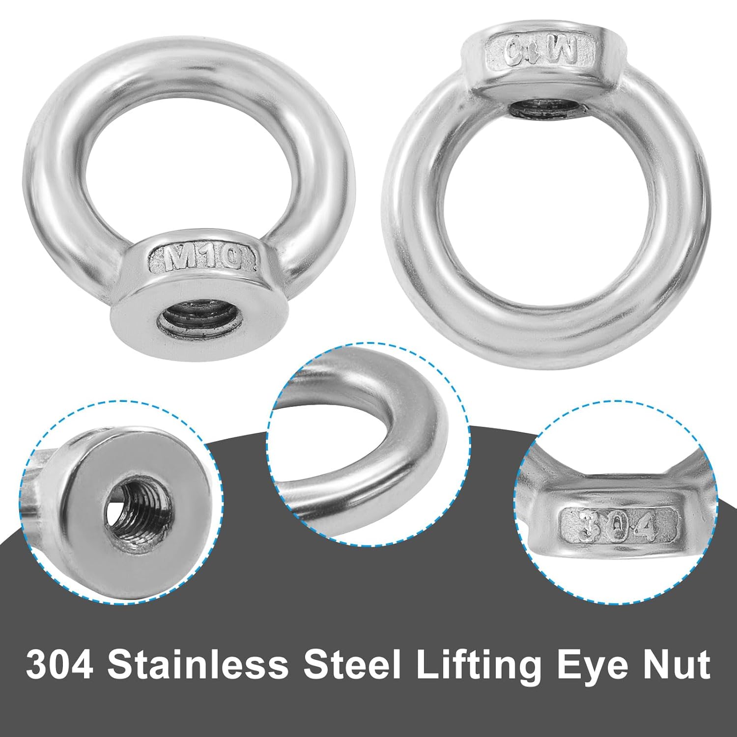 6 Pcs M10 304 Stainless Steel Lifting Eye Nut, 3/8