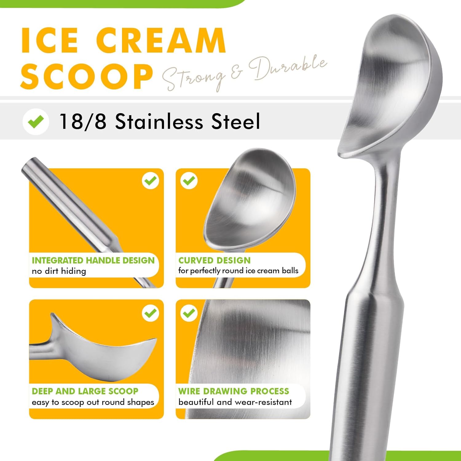 Ice Cream Scoop Stainless Steel. Ice Cream Scooper, Heavy Duty, Seamless Design, Comfortable Grip Long Handle, for Ice Cream, Gelato, Sorbet, Cookie Dough, Melon, Frozen Yogurt - Image 3