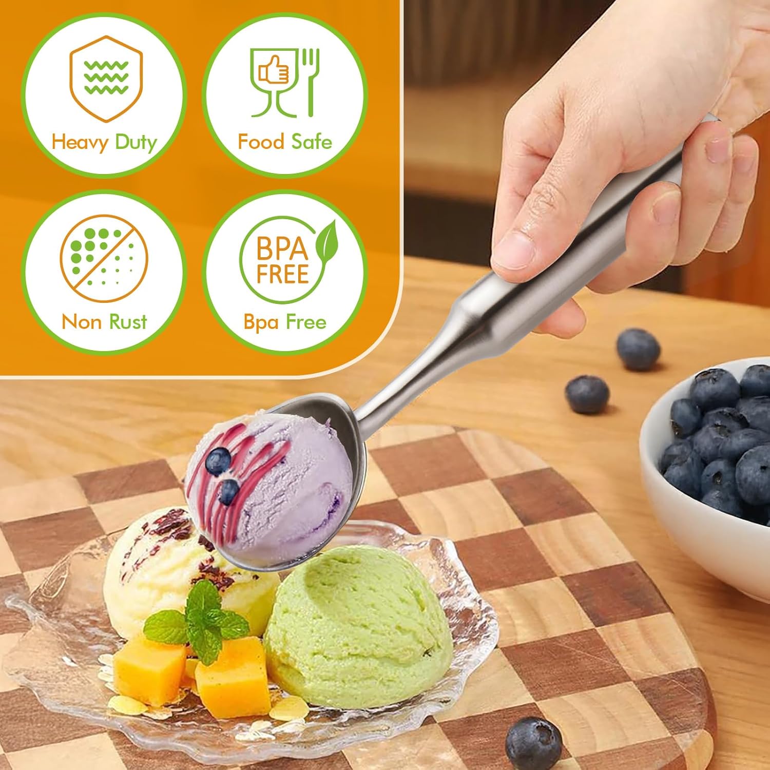 Ice Cream Scoop Stainless Steel. Ice Cream Scooper, Heavy Duty, Seamless Design, Comfortable Grip Long Handle, for Ice Cream, Gelato, Sorbet, Cookie Dough, Melon, Frozen Yogurt - Image 6