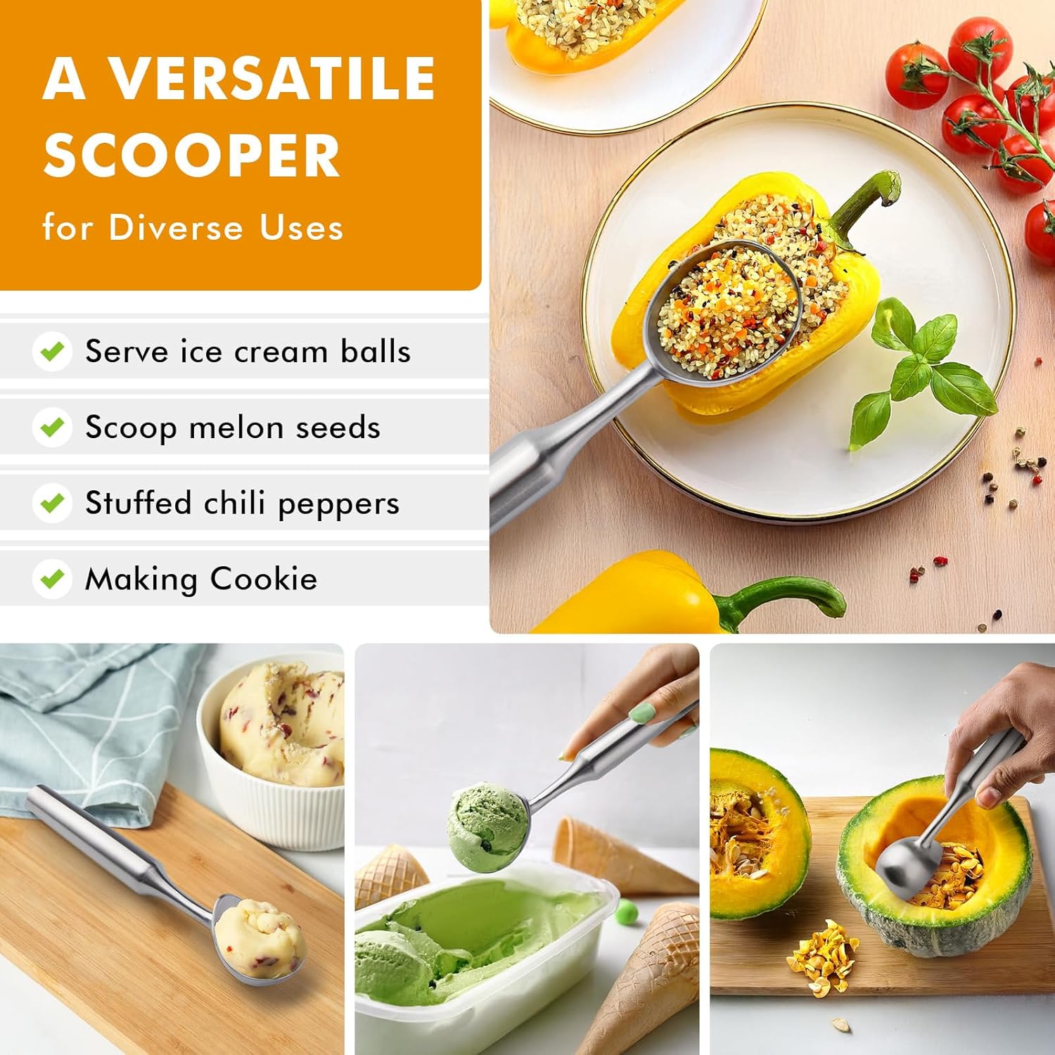 Ice Cream Scoop Stainless Steel. Ice Cream Scooper, Heavy Duty, Seamless Design, Comfortable Grip Long Handle, for Ice Cream, Gelato, Sorbet, Cookie Dough, Melon, Frozen Yogurt - Image 7