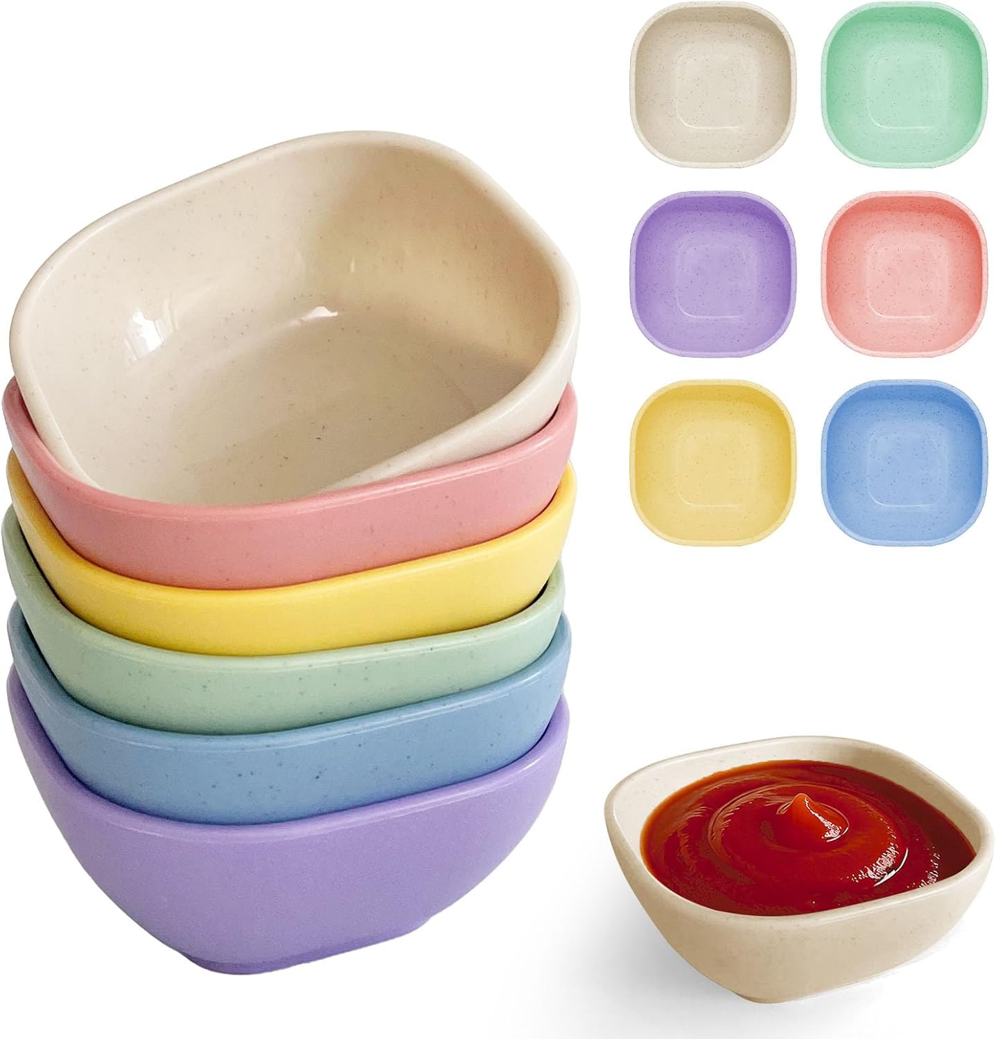 6 Pack Small Plastic Bowls 4.5 OZ Unbreakable Wheat Straw Dipping Bowls，plastic ramekins, Assorted Colors Dipping Sauce Cups, dip cups， Dessert, Ketchup - Image 1