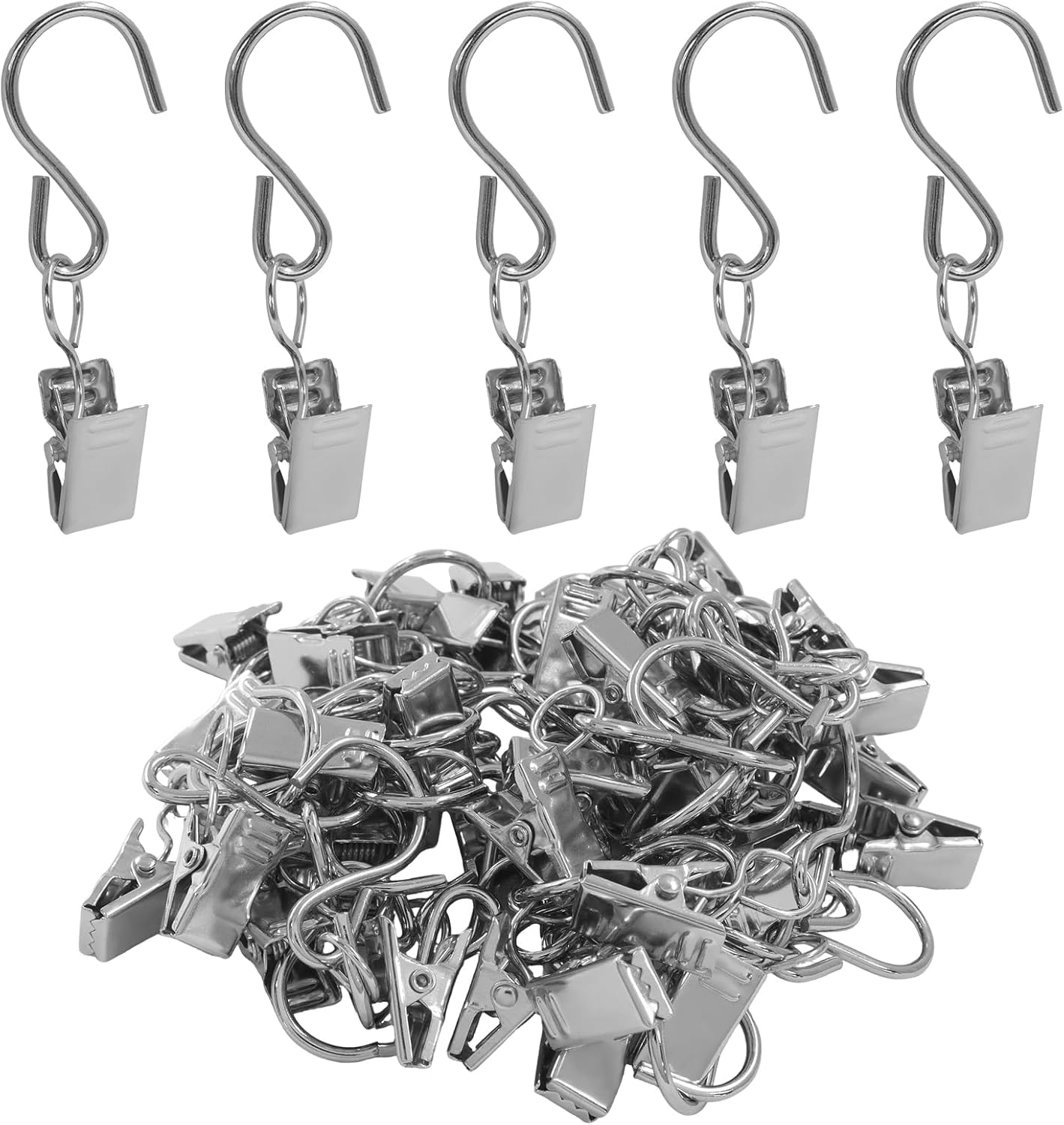 50 Pack Stainless Steel S Hooks Curtain Clips, Hanging Hangers Party Lights Clips, 2.4 Inch Silver Art Craft Display for Home Decor/Party Planners/Garden - Image 1