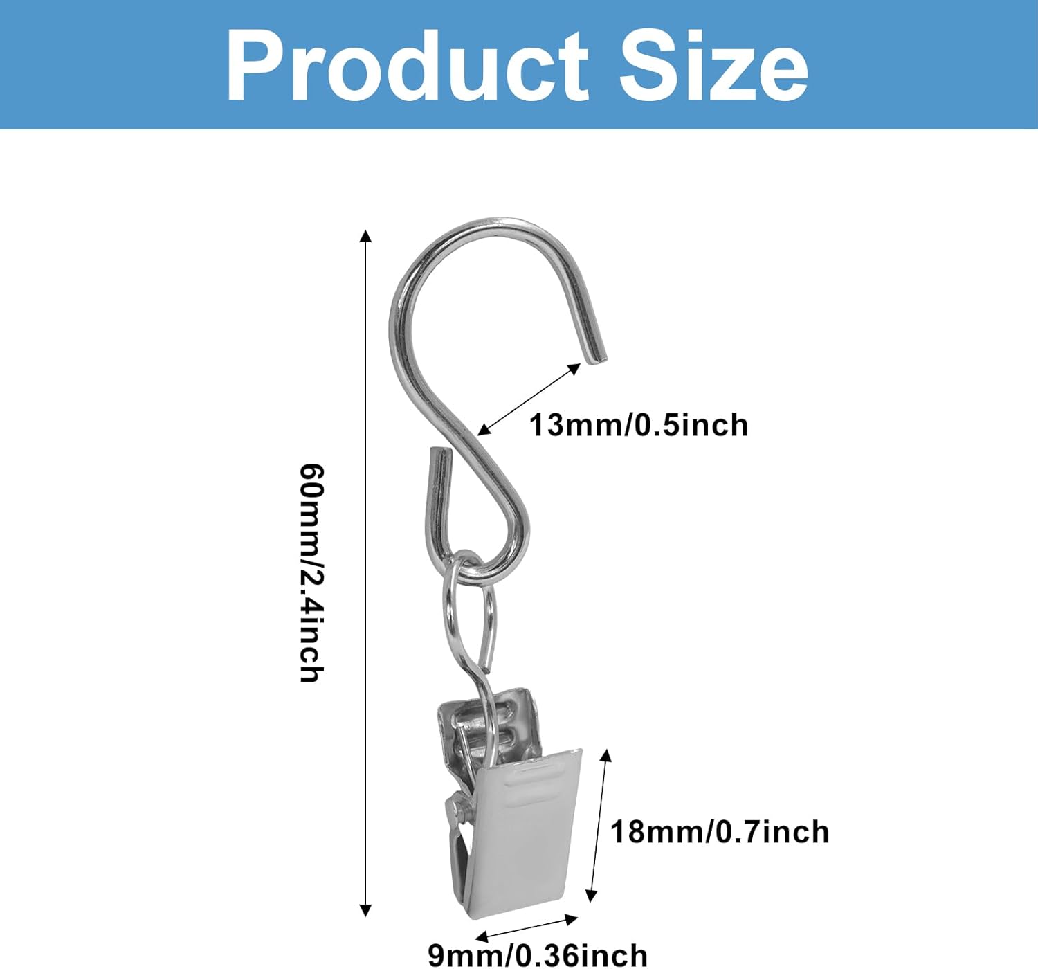 50 Pack Stainless Steel S Hooks Curtain Clips, Hanging Hangers Party Lights Clips, 2.4 Inch Silver Art Craft Display for Home Decor/Party Planners/Garden - Image 3
