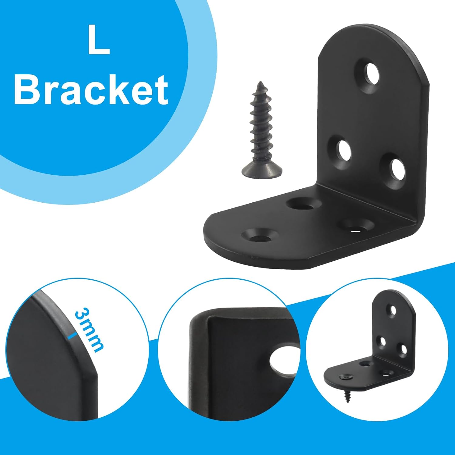 4 Pack Heavy Duty Floating Shelf Bracket, 1.97x1.97x1.5in, Stainless Steel Corner Brace 90 Degree, Durable Angle L Brackets for Furniture/Beds, Sofas, Tables, and Chairs, 50mm x 50mm, Black - Image 4