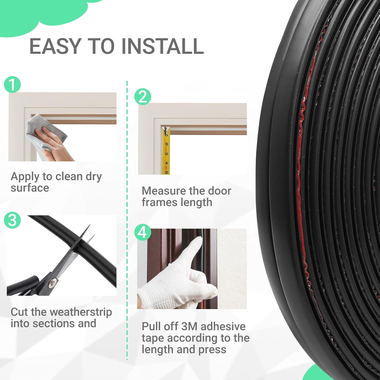 40 FT Rubber Weather Stripping Door Seal Strip Self-Adhesive D-Shape Door Weatherstripping Sealers for Doors Windows, Easy Cut to Size, Black - Image 6