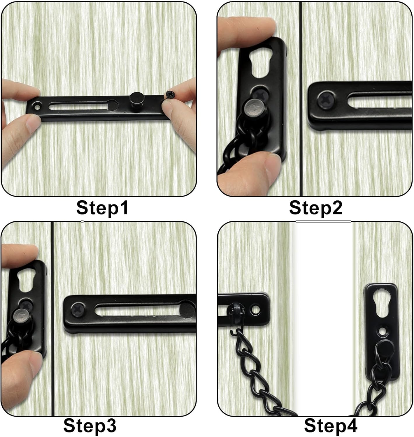 Heavy Duty Door Chain Lock with Mounting Screws, Stainless Steel Door Chain Guard for Front Doors, Pet Safe (Black, 2 Pack) - Image 4