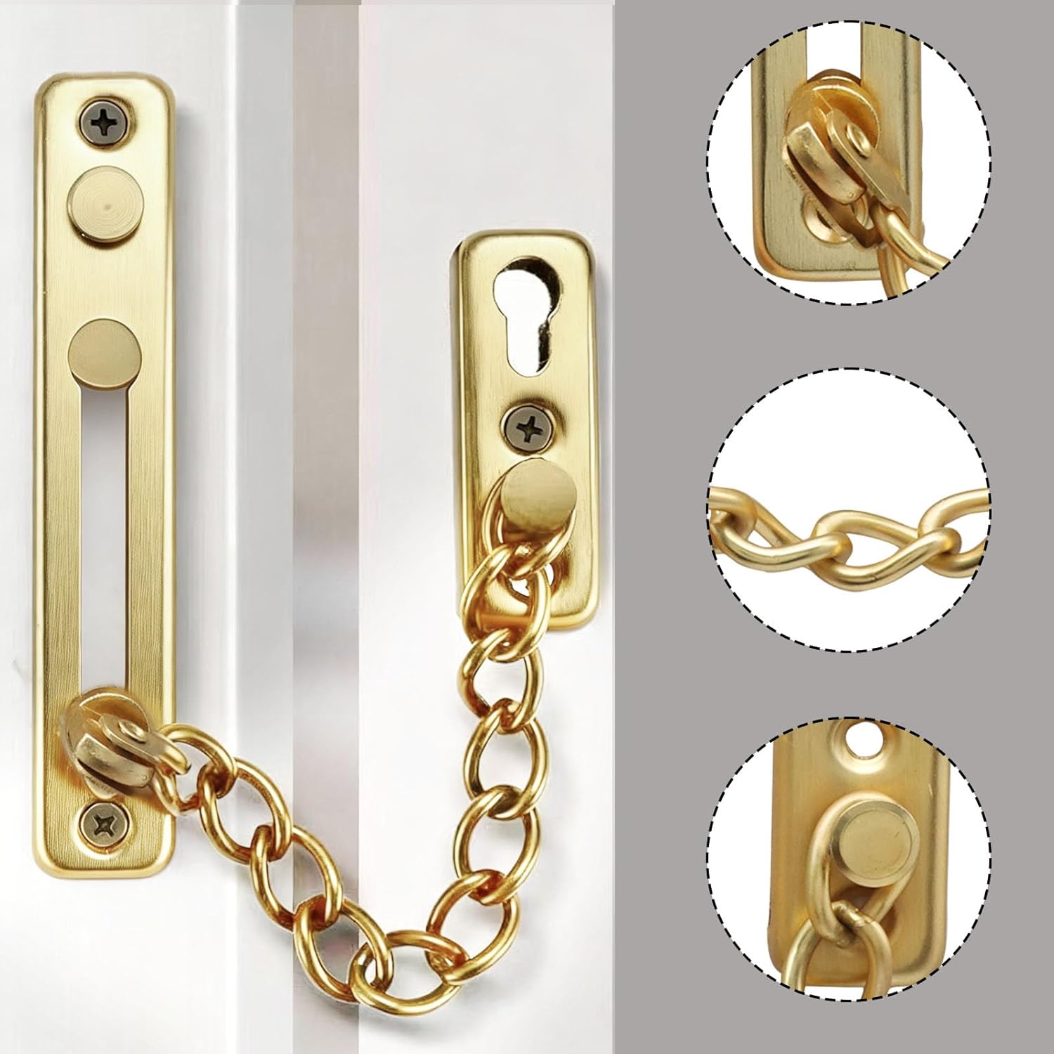 Heavy Duty Door Chain Lock with Mounting Screws, Stainless Steel Door Chain Guard for Front Doors, Pet Safe (Gold, 1 Pack) - Image 5