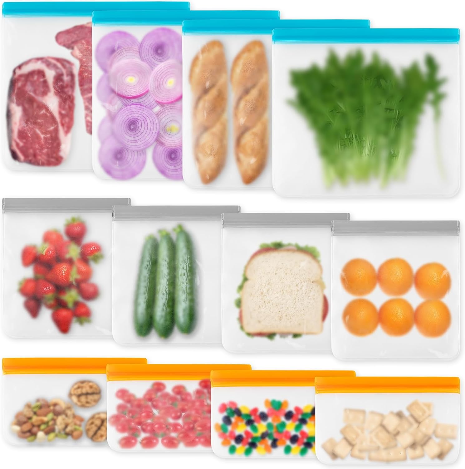 12 Pack Reusable Freezer Bags Dishwasher Safe, Leakproof Food Storage Bags, Silicone Bags for Food Storage Home Organization (4 Reusable Snack Bags 4 Sandwich Bags 4 Gallon Freezer Bags) - Image 1