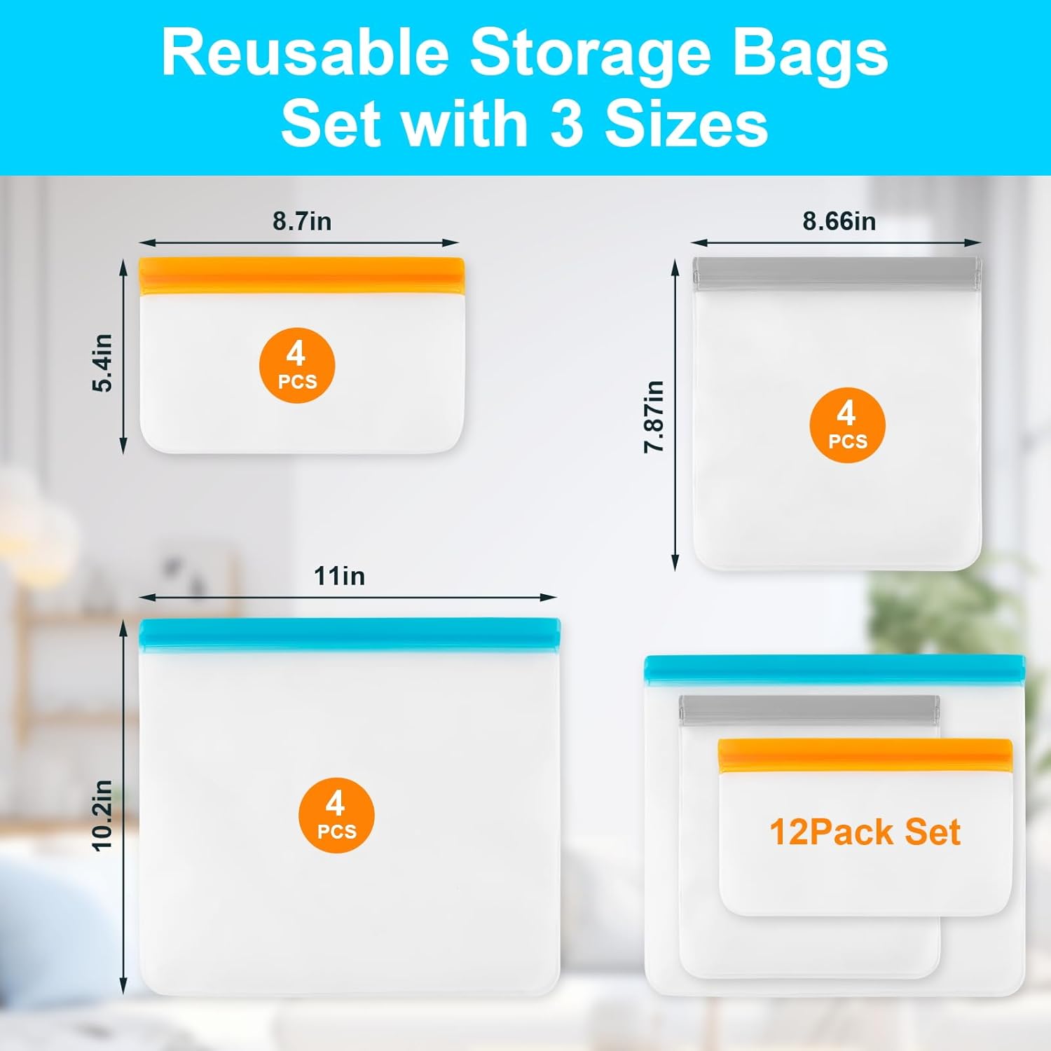 12 Pack Reusable Freezer Bags Dishwasher Safe, Leakproof Food Storage Bags, Silicone Bags for Food Storage Home Organization (4 Reusable Snack Bags 4 Sandwich Bags 4 Gallon Freezer Bags) - Image 2