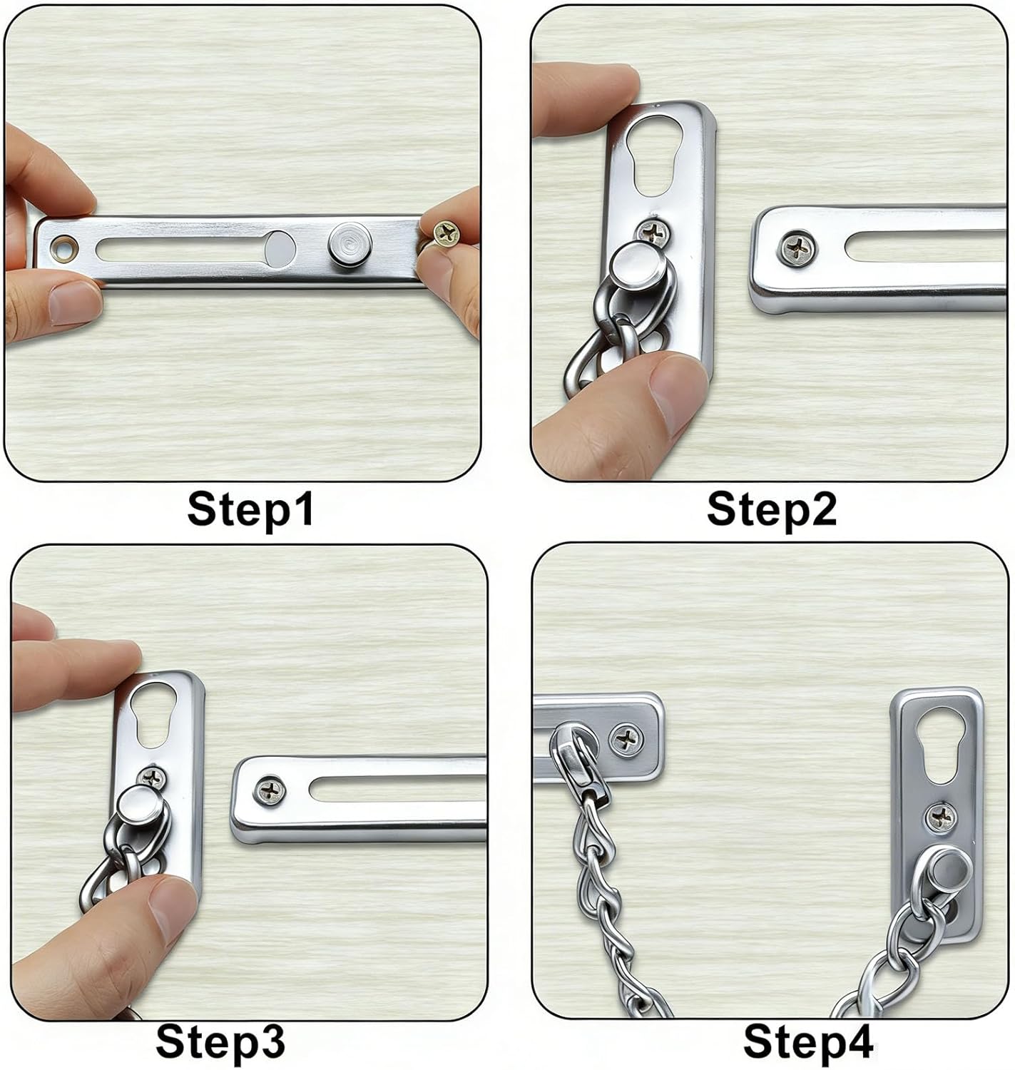 Heavy Duty Door Chain Lock with Mounting Screws, Stainless Steel Door Chain Guard for Front Doors, Pet Safe (Silver, 2 Pack) - Image 4